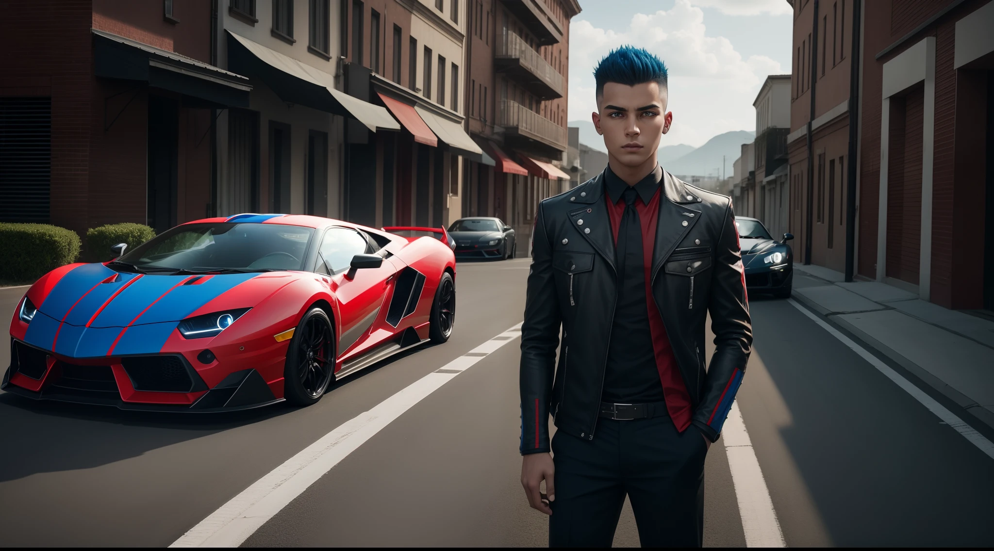 A young man with short spiky hair with amborghini color red and blue standing alone