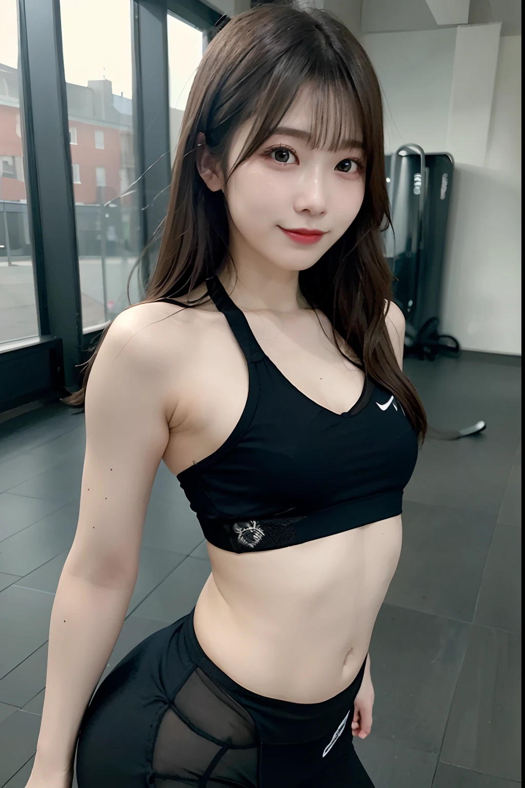 ((Best quality, 8k, Masterpiece :1.1)), Sharp focus :1.2, a beauty girl、18 years old、slenderness、brown eyes、platinum blond hair、(standing back)、luxury goods、healthy, Lively sexy, Highly detailed face and skin texture, Detailed eyes, Double eyelid, smiling4K refined facial features,18 year old girl in gym,Sports bras in different colors,black colored leggings,Foot