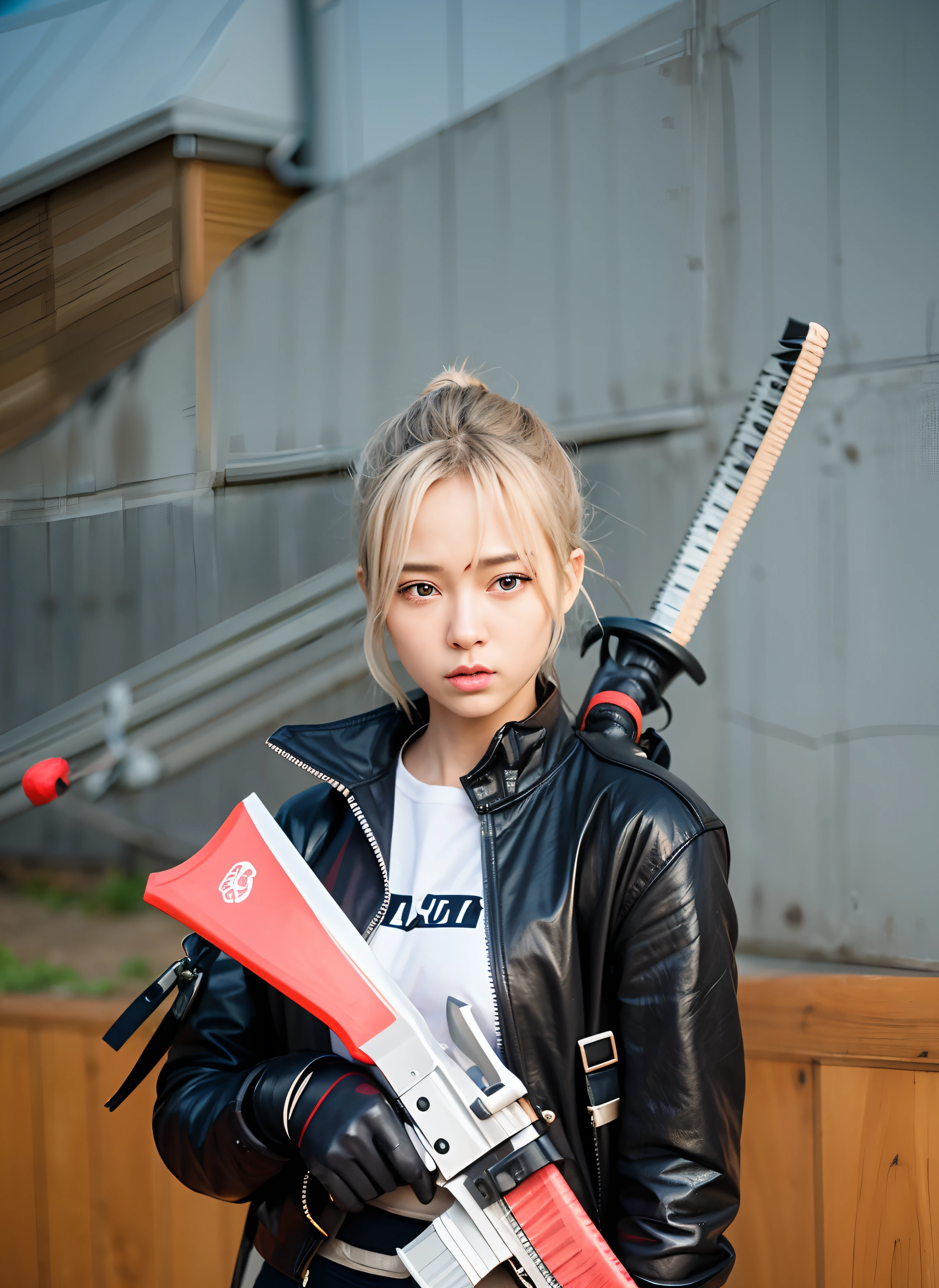 there is a woman holding a gun and a pink ak47, katana zero video game character, she is holding a katana sword, katana zero, katana, blue eyes, ornate korean polearm behind her, holding katana, unsheathing her katana, katanas strapped to her back, white croptop, silver hair, dramatic wielding katana pose, chainsaw sword katana, realistic, ultra detail,