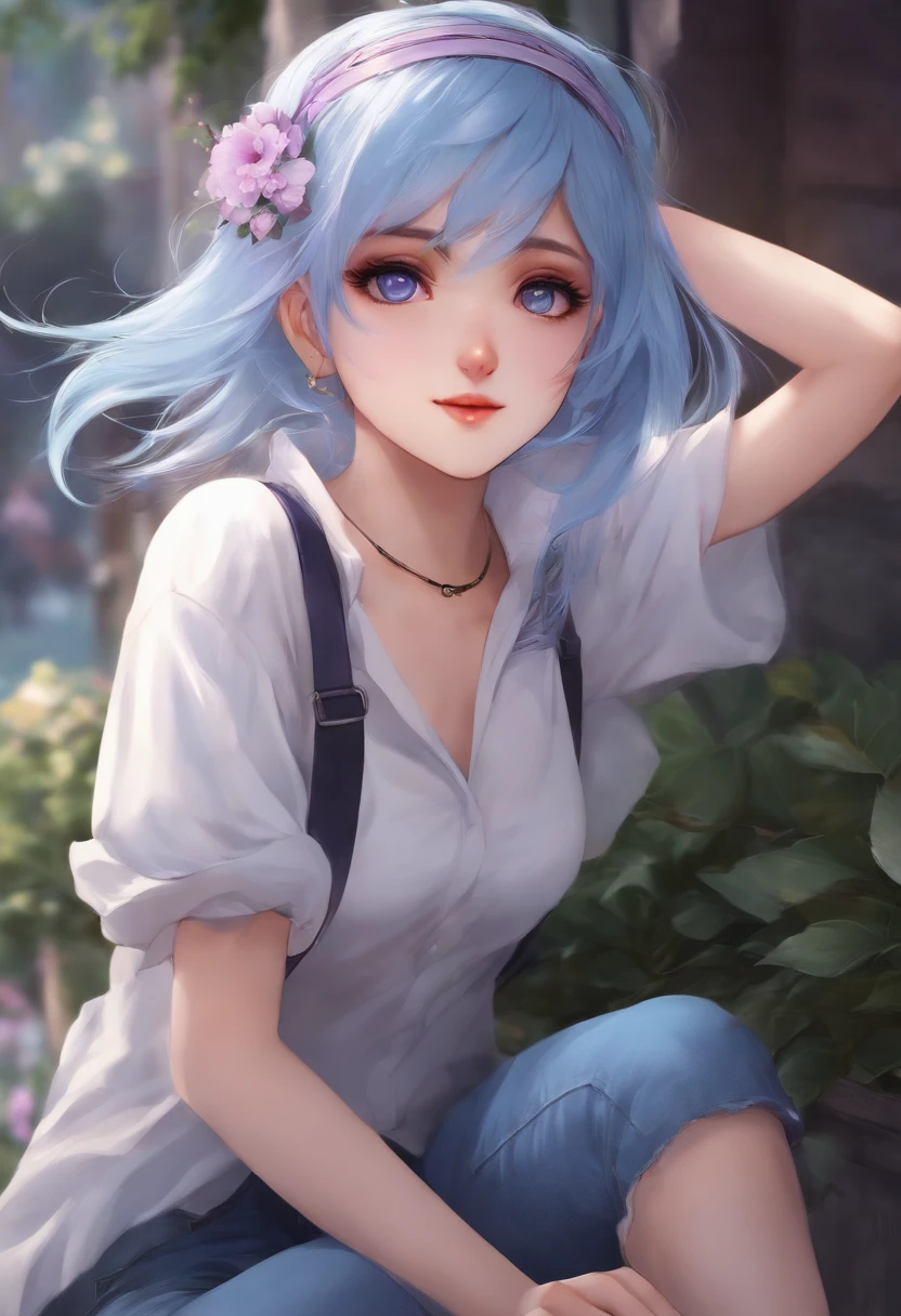 anime girl, having short sized light blue hair reaching her shoulders, having purple eyes and having a headband running through her hair wearing denim pants and a white shirt.