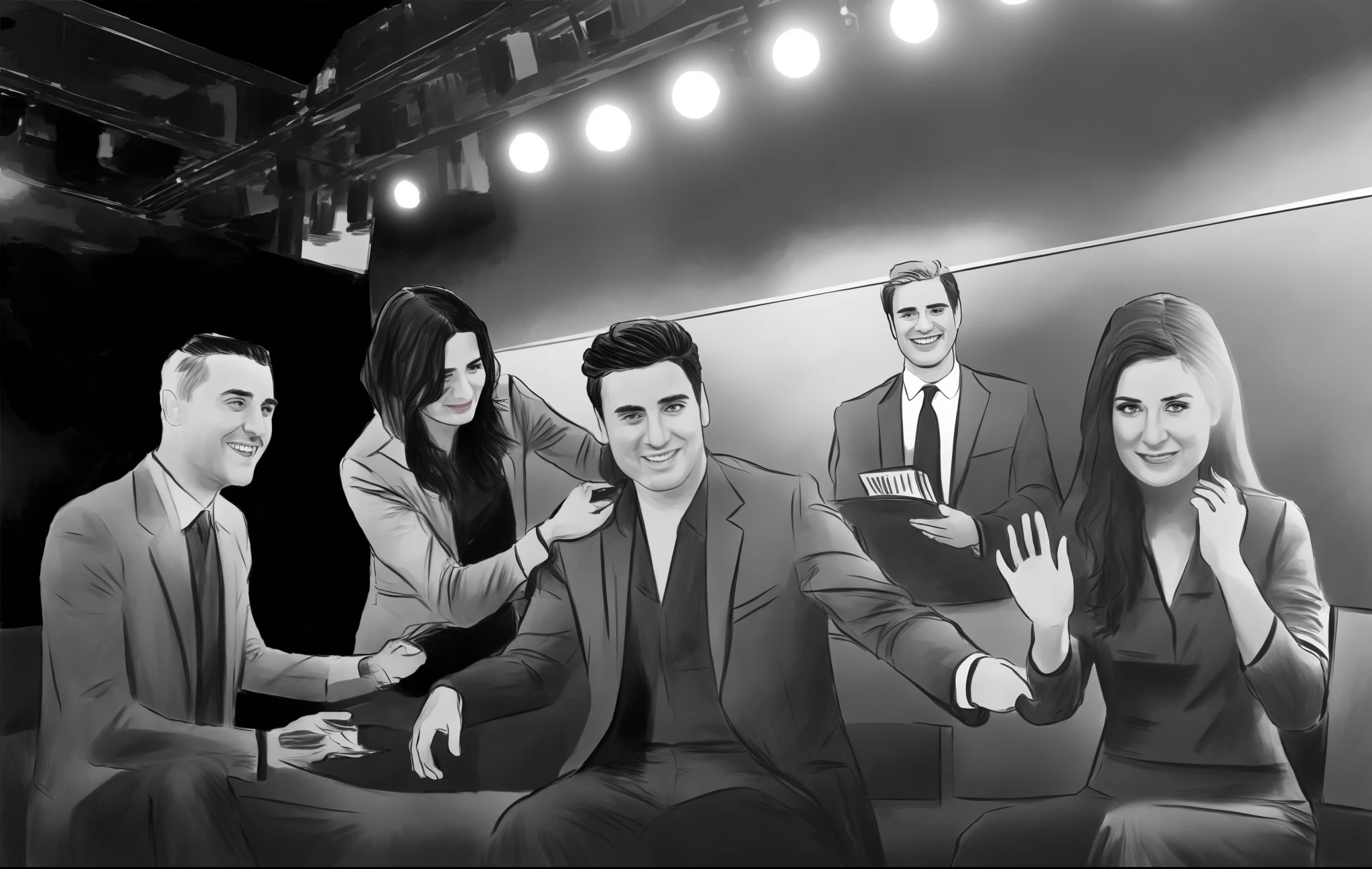 Sketch artstyle, grayscale, monochrome. People at talk show studio, journalists, makeup artist, handsome man, sad and angry young woman in tears.
