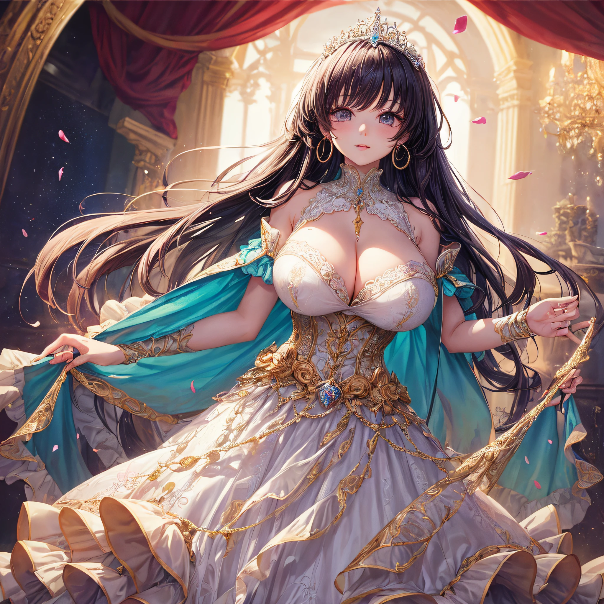 (masterpiece, best quality,extremely detailed,moe anime art style:1.1),1girl, ((solo)), cute, kawaii,digital art,((1 bling-bling anime princess wearing beautiful embroidery and jeweled ruffled gorgeous princess ballgown with voluminous full length hoop skirt)),((crinoline)),long train,voluminous frills,(gorgeous embroidery and beautiful lace),(very gigantic boobs,cleavage,skindentation),((shiny hair,very long straight hair)),((finely detailed face and eyes)),clear pupil,extremely gorgeousfull hair ornament,(bling-bling jeweled extremely gorgeousfull tiara),((bling-bling gorgeous gemstone jewelry)),long veil,((beautiful background,fantasy)),flowers,flower petals flowing,full body,looking away,((beautiful embroidery and jeweled ruffled gorgeous princess ballgown with voluminous full length hoop skirt))