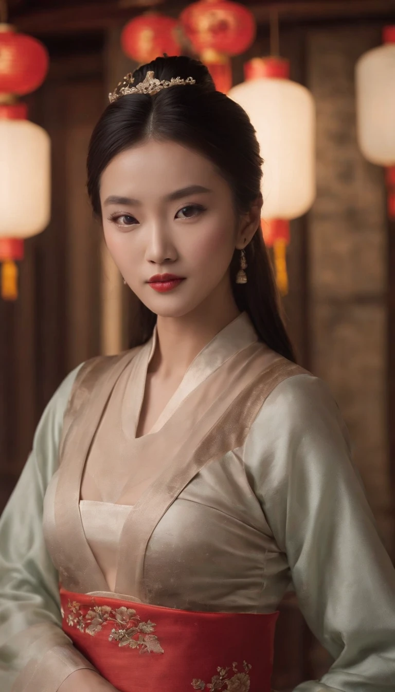 1womanl, 24 years of age，Chinese Beauty，((Focus above the thighs))，Star-studded beauty，Chinese costumes，Ancient Chinese court architecture，Chinese elements，the night，Countless lanterns，Front lighting，