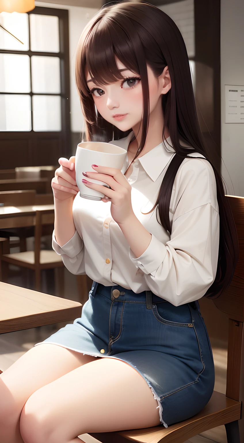There is a woman sitting ,with a cup of coffie on the table, sakimichan, Kimi Takemura, cute - fine - face
