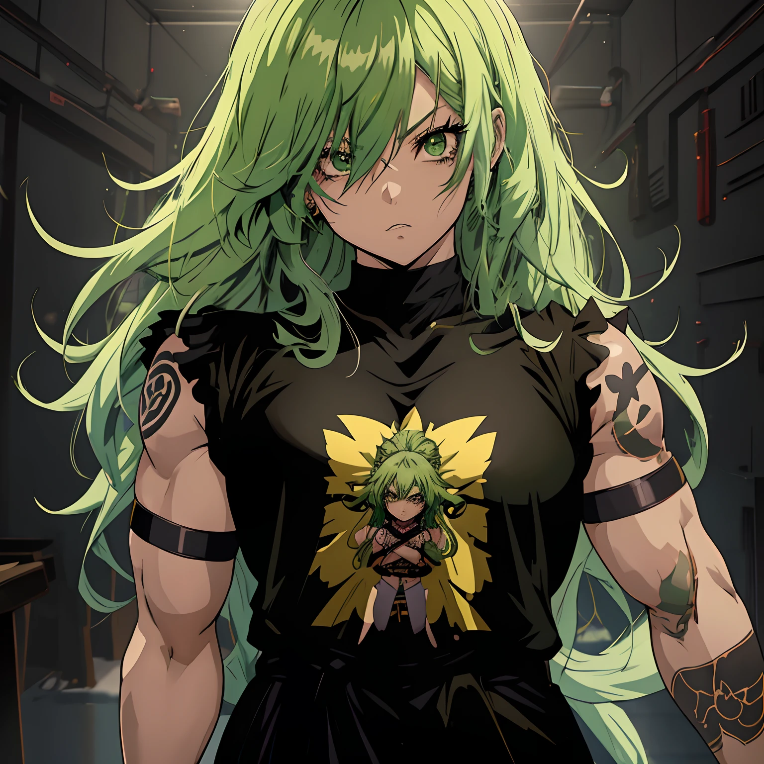 Anime girl with green hair and tattoos standing in a dark room, muscular arms, garota de anime desonestos, Um guerreiro esmeralda loiro, Tatsumaki com cabelo cacheado verde, portrait knights of zodiac girl, badass anime 8 k, Fuso Rei, personagem de anime feminino