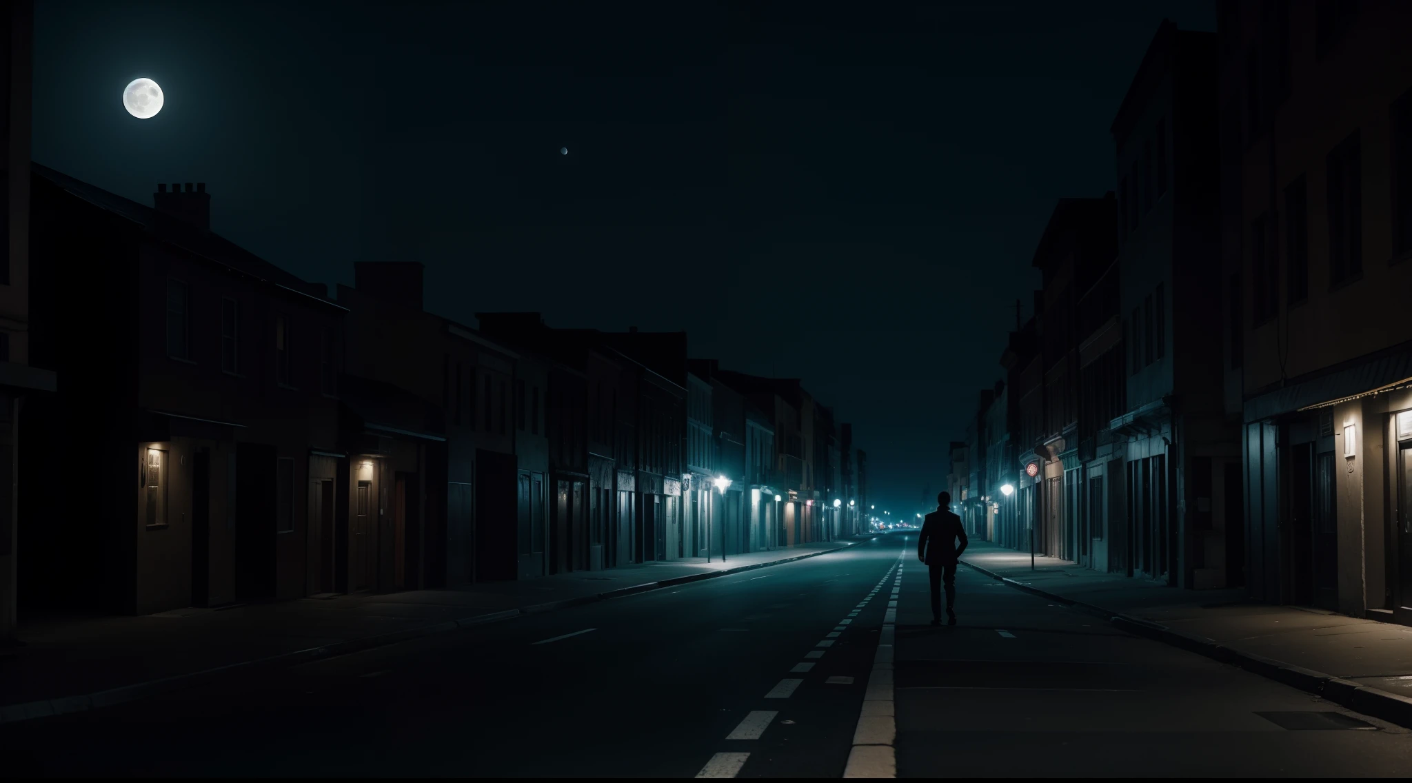 man walking alone, dark night, city, deserted street, moon illuminating.