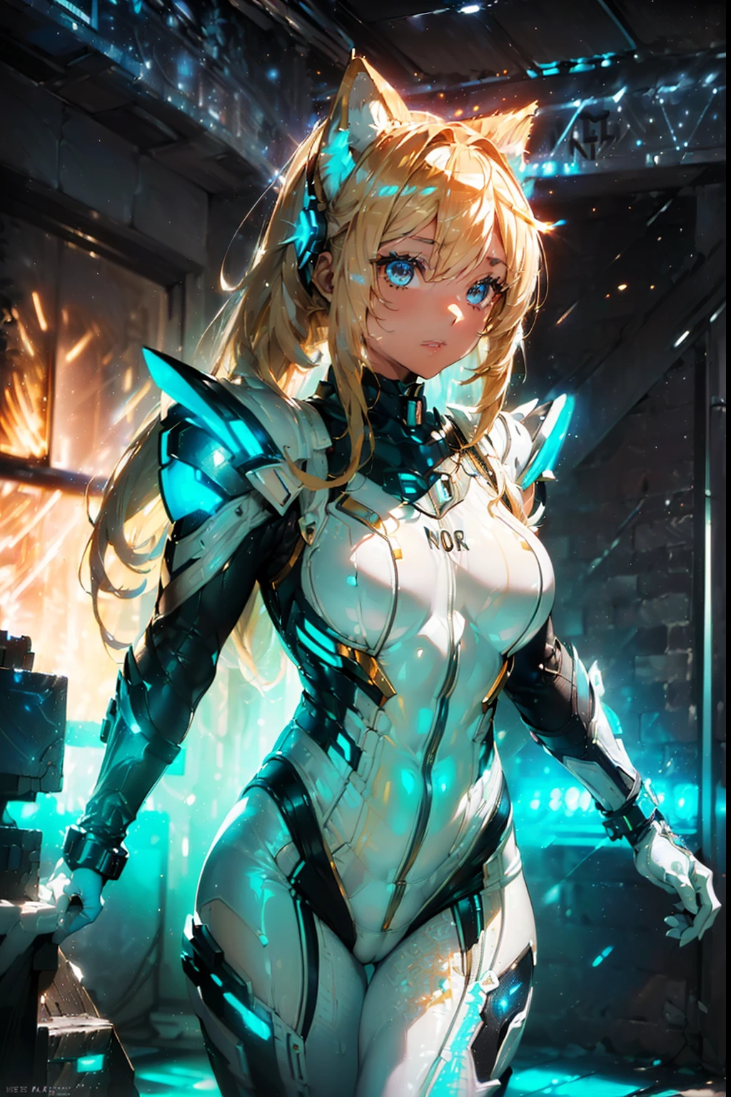 (((in hyper realistic and detailed white golden lines neon-lit sci-fi plugsuit wolf armor, Saint Seya aesthetic style))) beauty woman brunette with horsetail (((bouncing))), intricate perfect beauty face, detailed sharp eyes, detailed face, (((from face to the waist))), (((beauty shape))), masterpiece, 4k, UHD
