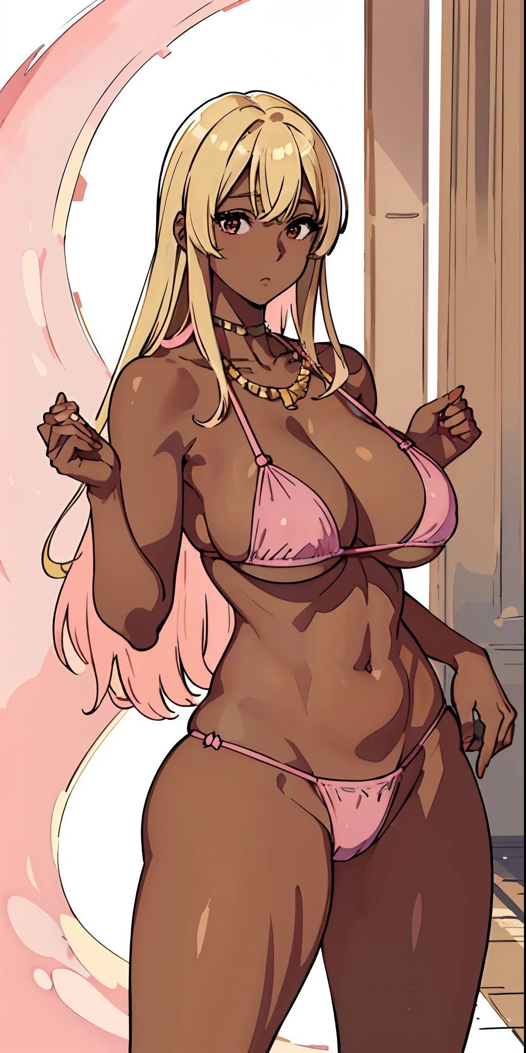 (top-quality、masterpiece)、1girl in、(((a blond)))、A stunning、(((teats)))、(((Brown skin tone)))、sun burn、(((Colossal tits)))、large full breasts、Sheer areol、gargantilha、(((Pink Bikinil Looks)))、Show underwear、I can see my chest a little、a necklace