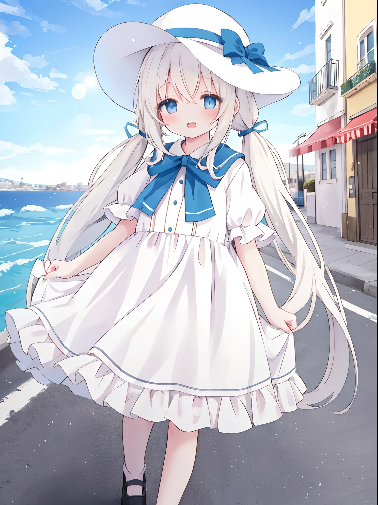 Cute little girl standing on the street in Mediterranean port city,Wind,pale blond hair, Blue eyes,very long twintails,White Dress,White hat,Blue sky,Laugh,double tooth,Closed eyes,Looking at Viewer,Lens Flare,Dramatic, Coastal