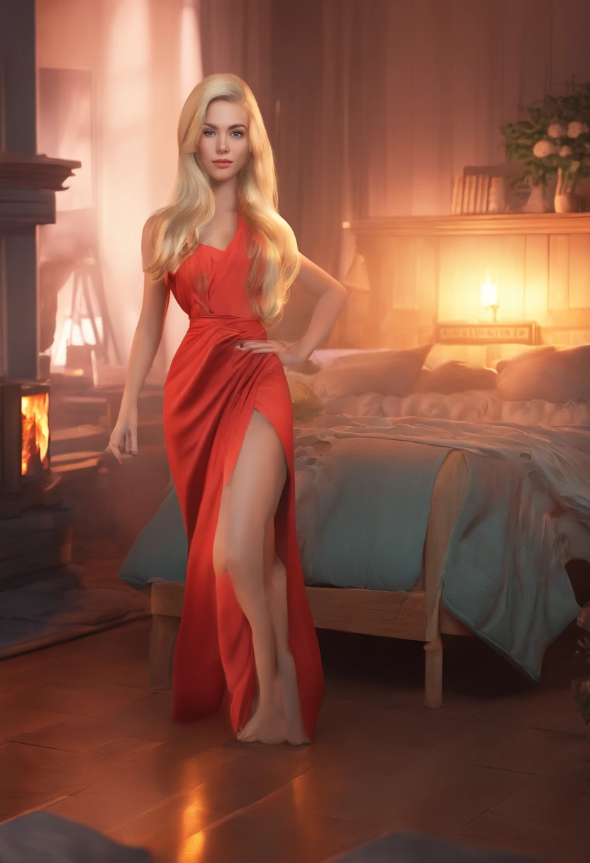 esthetic artwork, 25 years old , woman, blonde hair, blue eyes, straight hair,, full lips, mischievous gaze, white skin, black sexy mini dress, very big ass and breasts big as the ass , posses in front of an fire place, extremely tall ultrarealistic, very muscular girl,