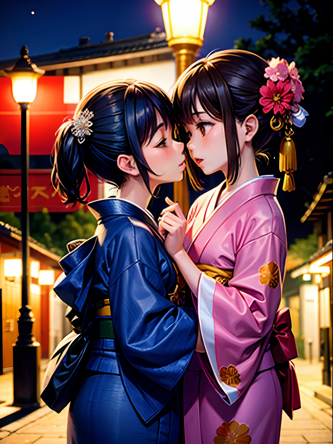 hight resolution, top-quality,Two girls in kimono kiss in the park at night、Under the lamppost、