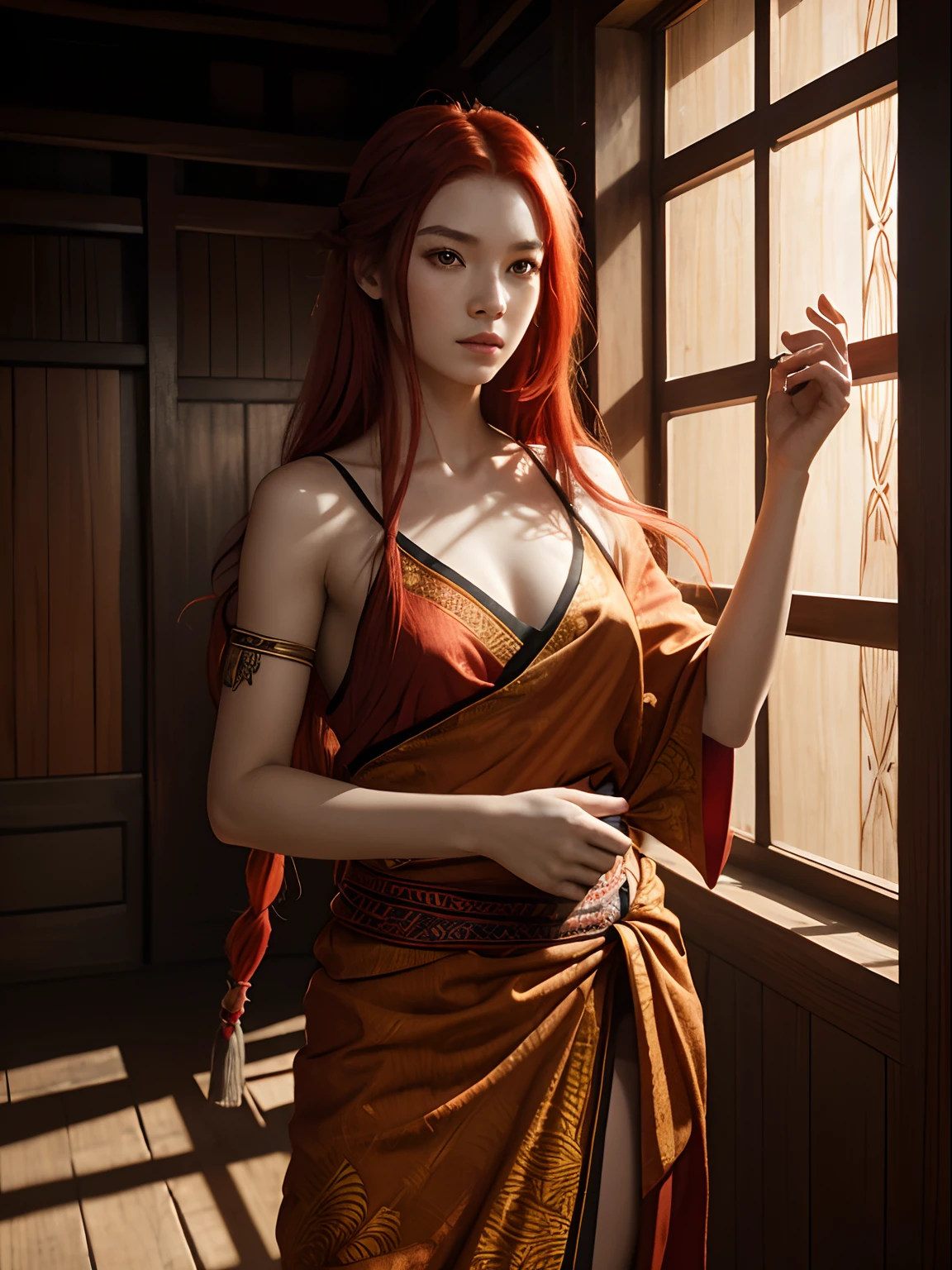 Beautiful sexy young ((-yeld tel with small breasts, colorful medium dark red hair, ((demonic red and black outfit)), ((crimson eyes)), horns, ((open robes)), topless, naked, showing small breasts, exposing genitals. (realistic), (high quality), (photograph), (detailed). (flat chest), (smallest breasts), (shaven pubes), genitalia exposed, pubic hairs, ((in a dark moonlit dungeon))