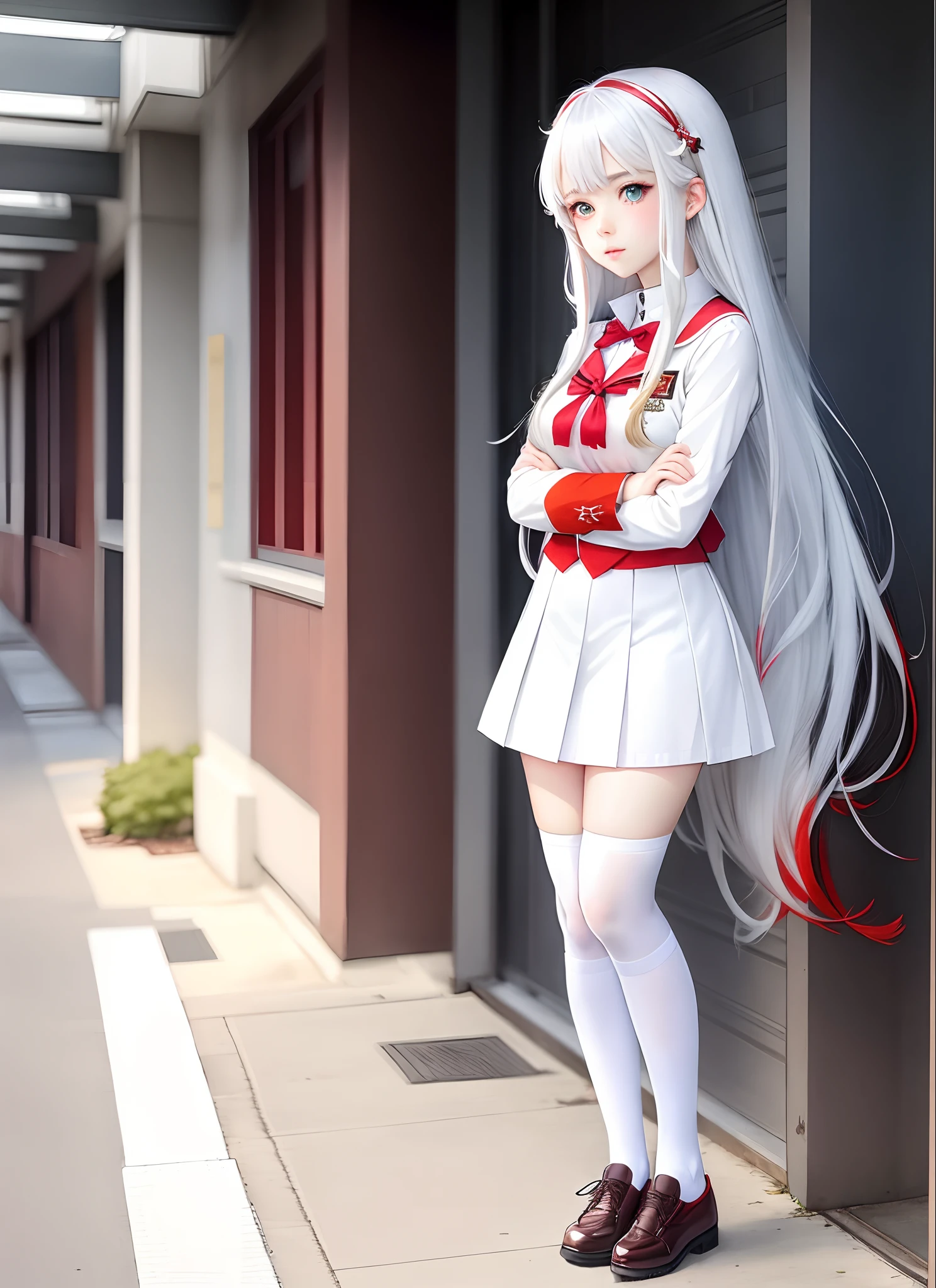 Anime girl, white long hair,Heterochromia (blue&red), princess,school uniform,full body