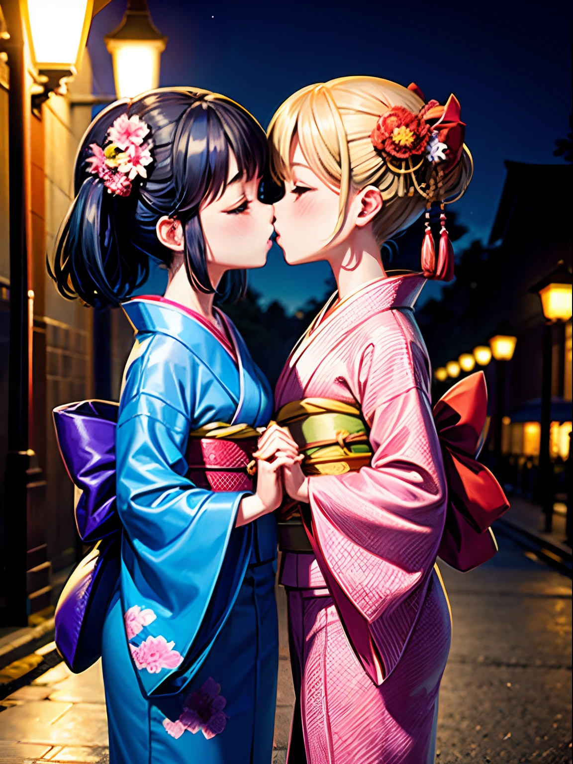 hight resolution, top-quality,Two girls in kimono kiss in the park at night、Under the lamppost、
