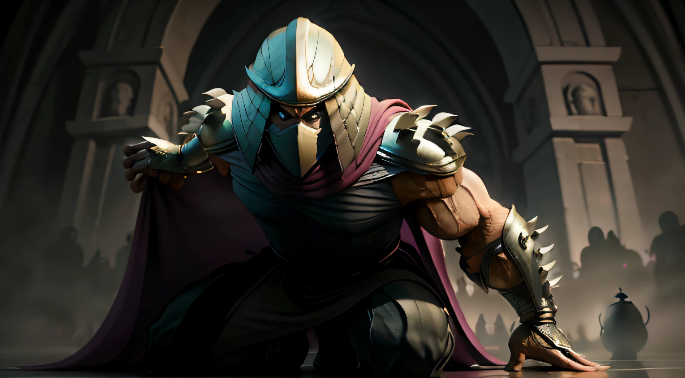 A monk on his knees, wearing a mantle, with a dagger on his side, and a hood covering his head. The monk is positioned in a black silhouette, his silhouette emphasized by the pumped up muscles. He also wears a tengu mask, adding a touch of mystery to the scene. The overall image is of high quality, with ultra-detailed features, vivid colors, and sharp focus. The art style is reminiscent of a portrait, with a realistic and photorealistic touch. The color palette used in the image leans towards dark and moody tones, enhancing the atmosphere of the scene. The lighting in the image is carefully designed, with a soft glow illuminating the monk's silhouette, casting a subtle shadow on the ground.