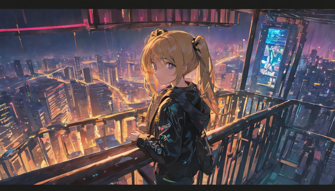 Matured, Hatsune Miku, black leather jacket, sitting at the balcony, staring at the neon city, anime style 4k, digital anime art, anime art, badass anime 8k, night