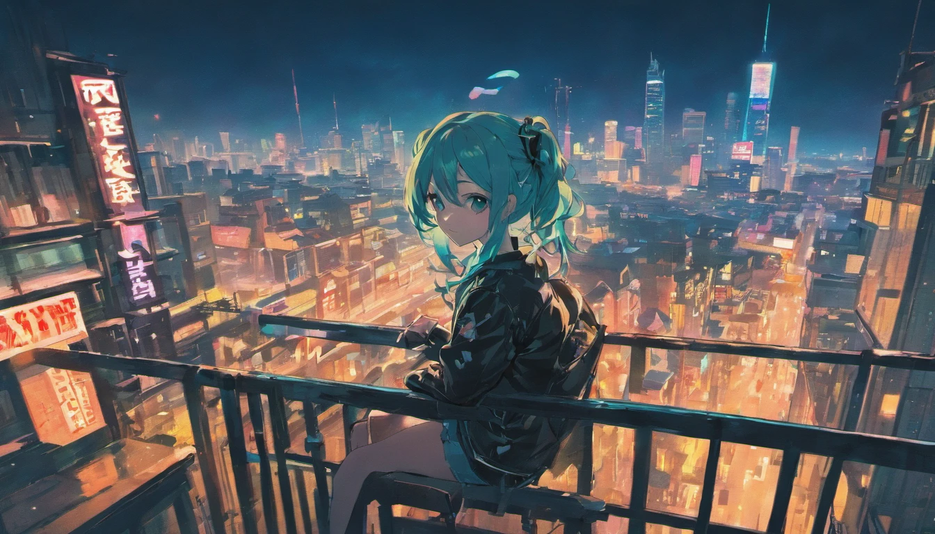 Matured, Hatsune Miku, black leather jacket, sitting at the balcony, staring at the neon city, anime style 4k, digital anime art, anime art, badass anime 8k, night
