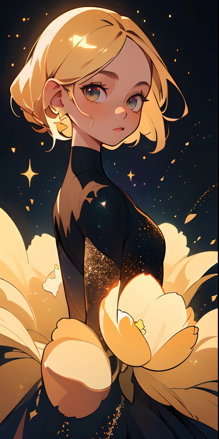 (best quality, masterpiece), 1girl, galaxy, glitter, dress, particle, wind, flower, upper body, dark simple background, looking at viewer, blonde,