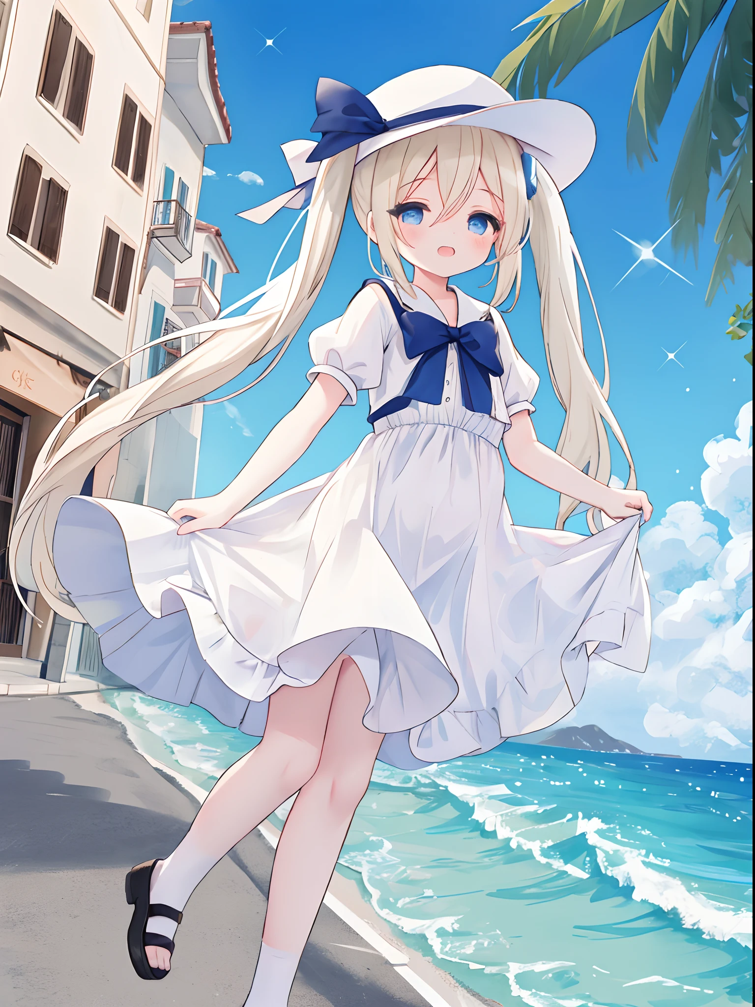 Cute *********** standing on the street in Mediterranean port city,Wind,pale blond hair, Blue eyes,very long twintails,White Dress,White hat,Blue sky,Laugh,double tooth,Closed eyes,Looking at Viewer,Lens Flare,Dramatic, Coastal