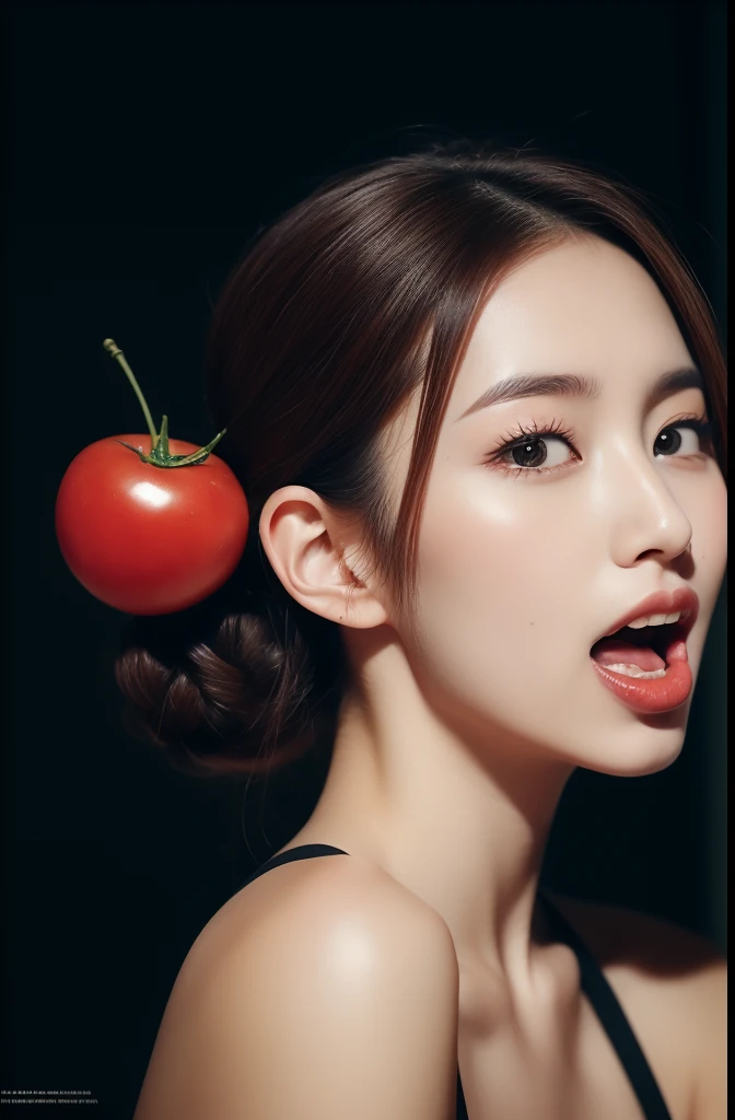 Woman licking cherry tomatoes, Japanese, Double eyelids, (Hair tied in a bun), super model , Photorealistic, Natural white skin, Cinematic, (A hyper-realistic), (hight resolution), (Highly detailed), (top-quality), Dark hair、Open mouth, Cinematic lighting