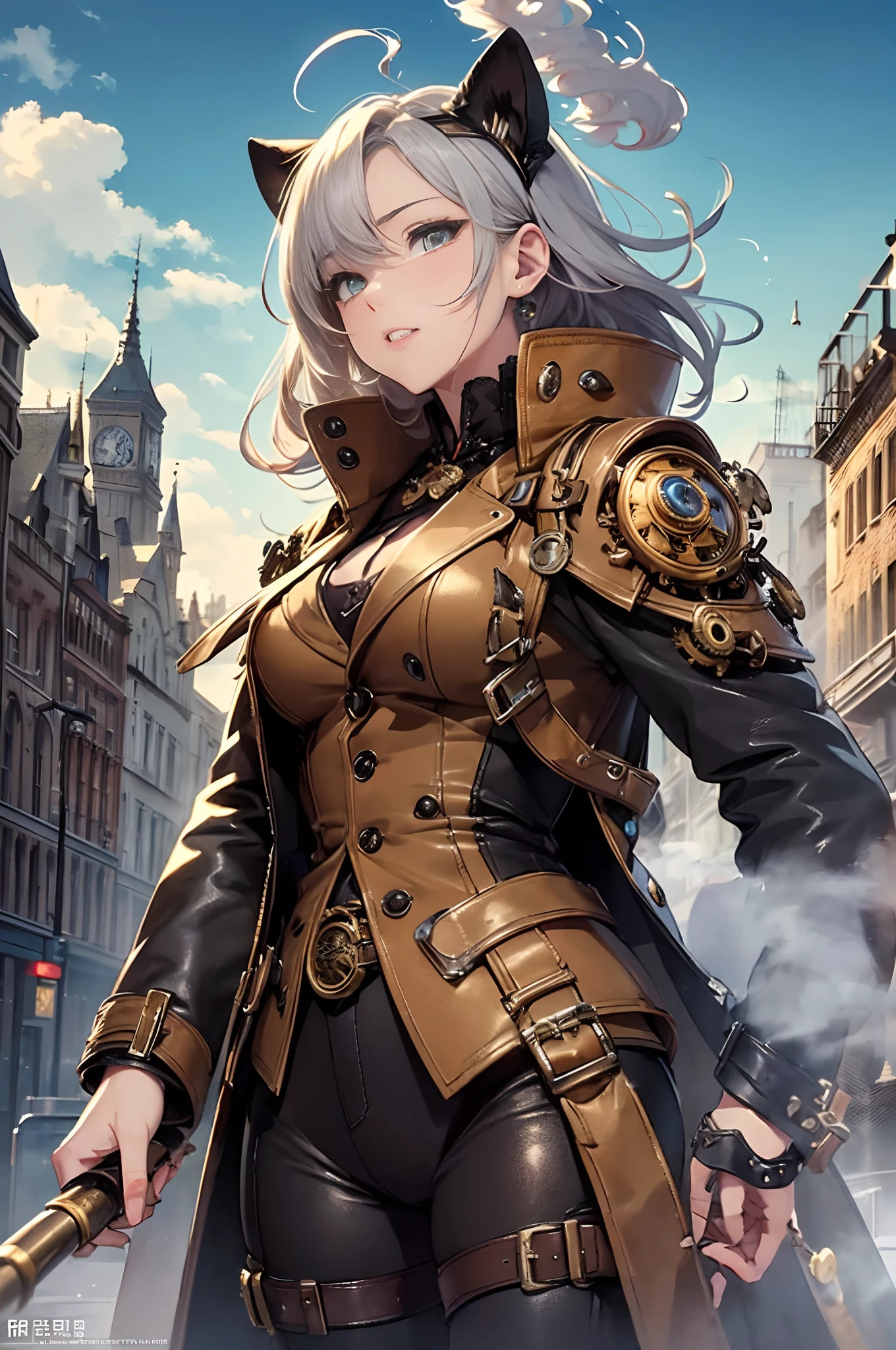 masterpiece,Ultra-fine 8K,超A high resolution,Detailed description,Smooth depiction,Accurate rendering,Triangle composition,(London、Victorian culture:1.8)、((Equipped with a reinforcement mechanism that moves with countless gears)),Beautiful golden cat eyes,Whitening skin,Western-style beautiful girl in anime style,Wearing an antique leather coat with steampunk-style gear and watch embellishments,Metallic boots,Vast steam、Complex cities、Buildings built with pipes, Steam and gears、high sky、Empty steam、Eventide、Overhead scenery,Full body depiction,Splash Art Style,