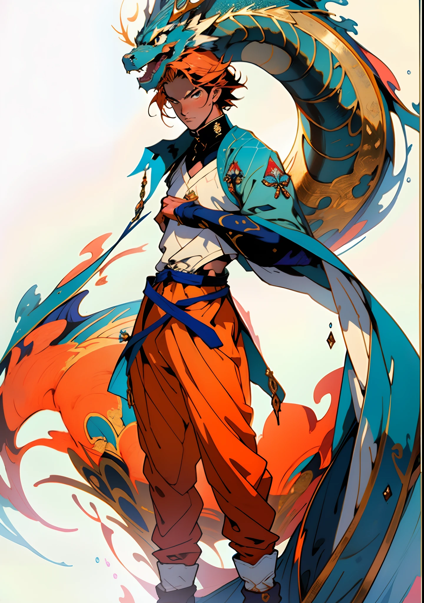 A young man with bright orange hair, clear and bright eyes, a delicate face, an innocent expression, wears a two-piece fantasy-style outfit in red and blue, a simple yet elegant design, the outfit featuring intricate twisted patterns, matching pants and boots, wears gloves that also serve as wrist guards, the scene is filled with flying water droplets and mist, water droplets, mystical atmosphere, this character embodies a finely crafted fantasy-style Chinese martial hero design in anime style, characterized by a sophisticated and mature manga illustration art style, full body character drawing, high definition, best quality, highres, ultra-detailed, ultra-fine painting, extremely delicate, professional, anatomically correct, symmetrical face, extremely detailed eyes and face, high quality eyes, creativity, RAW photo, UHD, 8k, Natural light, cinematic lighting, masterpiece:1.5