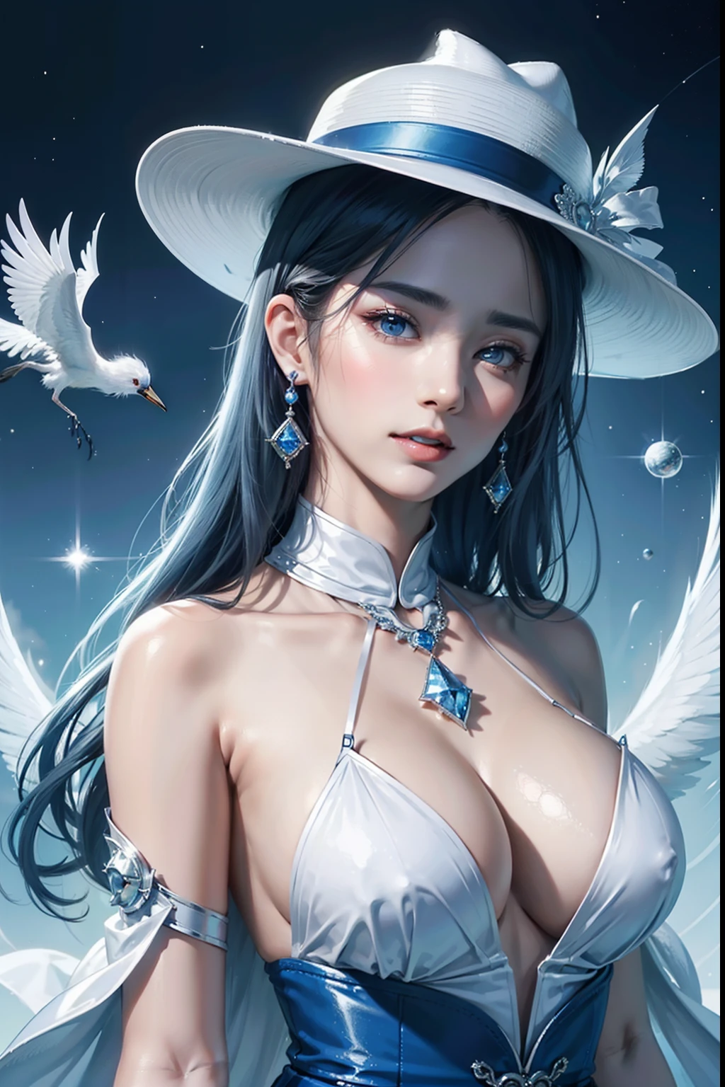 Gossip Diagram,Yin and Yang Eyes,taijitu,Woman,conservative clothing,Poor milk,(Wearing a big hat),Blue Crane,Wearing blue and red and white princess dresses,upper body close - up,Close-up photos,jewely,Vision of Heaven and Earth,Diamond,carp,The background is the Milky Way,solar system