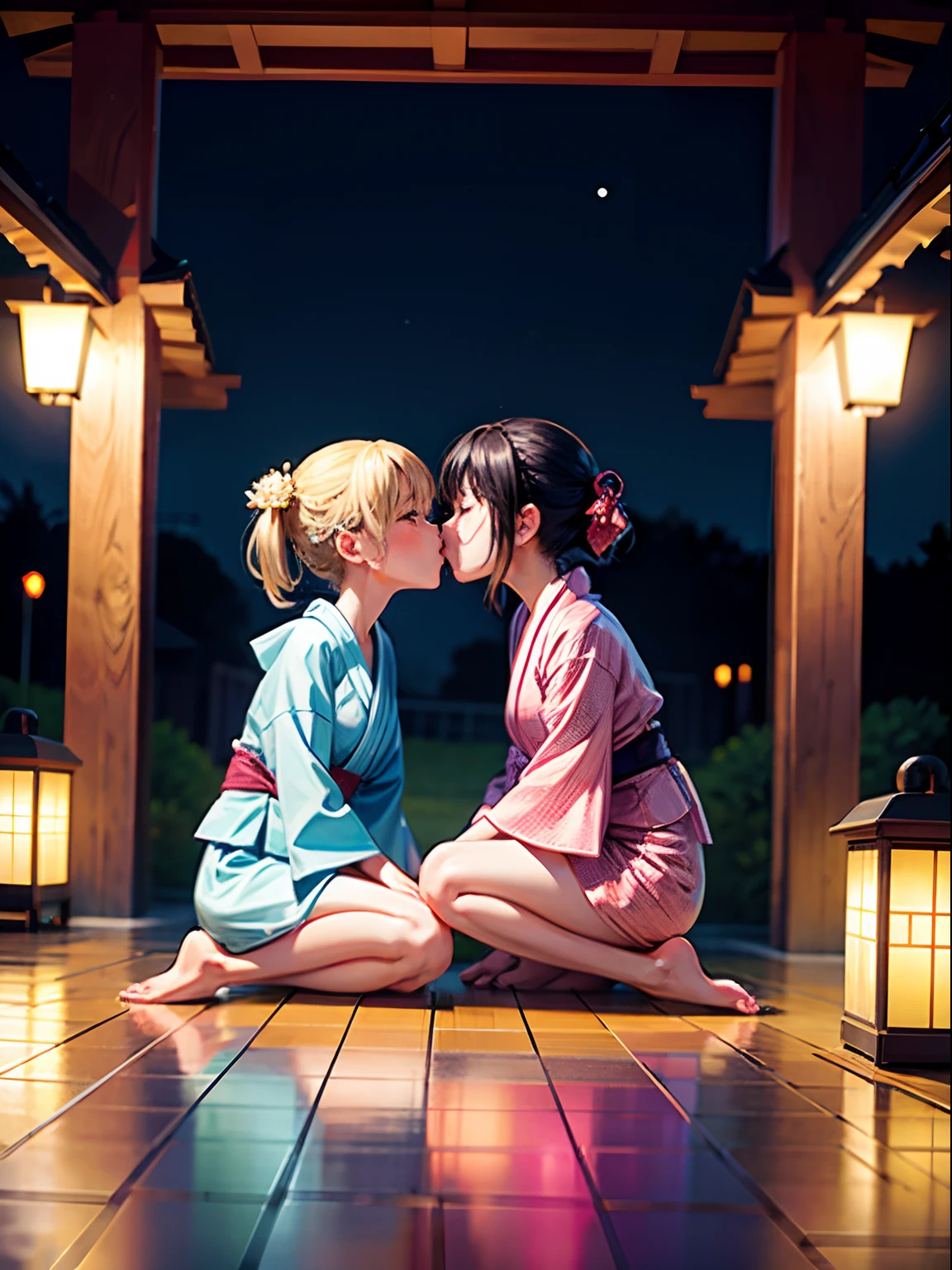 hight resolution, top-quality,Two girls in mini yukata kiss in park at night、Deserted park、Full body、
