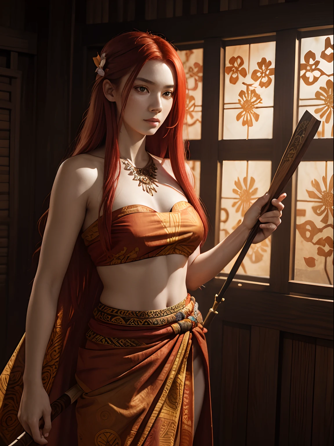 (A 20 years old female shaman), (long red hair), (pale skin), (detailed oily and sweaty skin), (wearing bright red batik sarong dress), (wielding a kris blade in her hand), (dimly light wooden wall room with offerings), dynamic pose, chiaroscuro lighting, photo realism, intricate face detail, intricate hand details, highly detailed, vibrant colors, cinematic, 8k, trending on Artstation--style raw