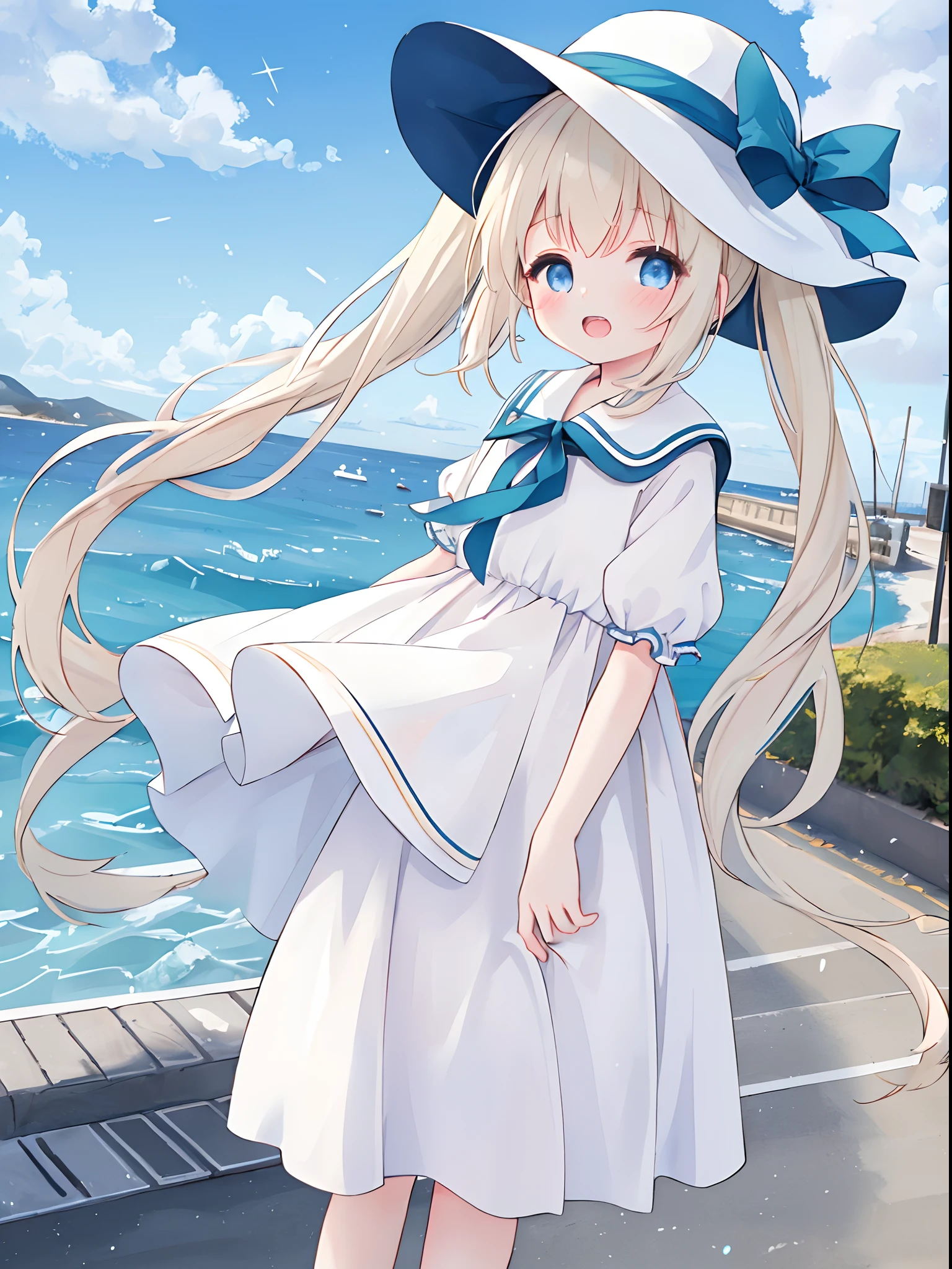 ((4K, master piece, Best Quality)), Cute little girl standing on the street in Mediterranean port city,Wind,pale blond hair, Blue eyes,very long twintails,White Dress,White hat,Blue sky,Laugh,double tooth,Closed eyes,Looking at Viewer,Lens Flare,Dramatic, Coastal