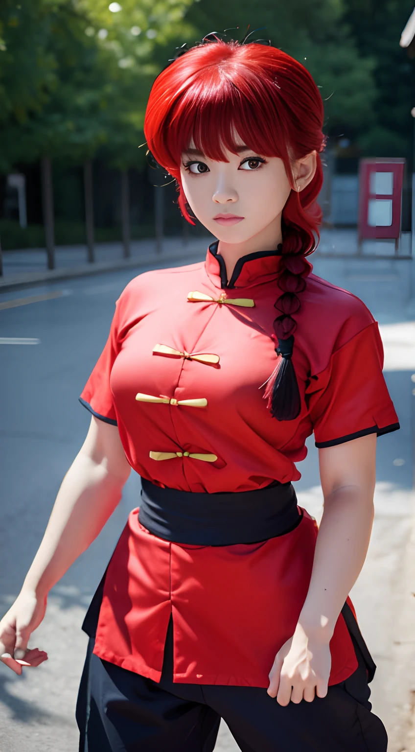 best quality,masterpiece,Ultra-high resolution,(photoactual:1.4),Budokan,,Comics by Rumiko Takahashi(Ranma 1/2),character ranma(female)Red long hair braid,Cute face,Wearing red kung fu suit,