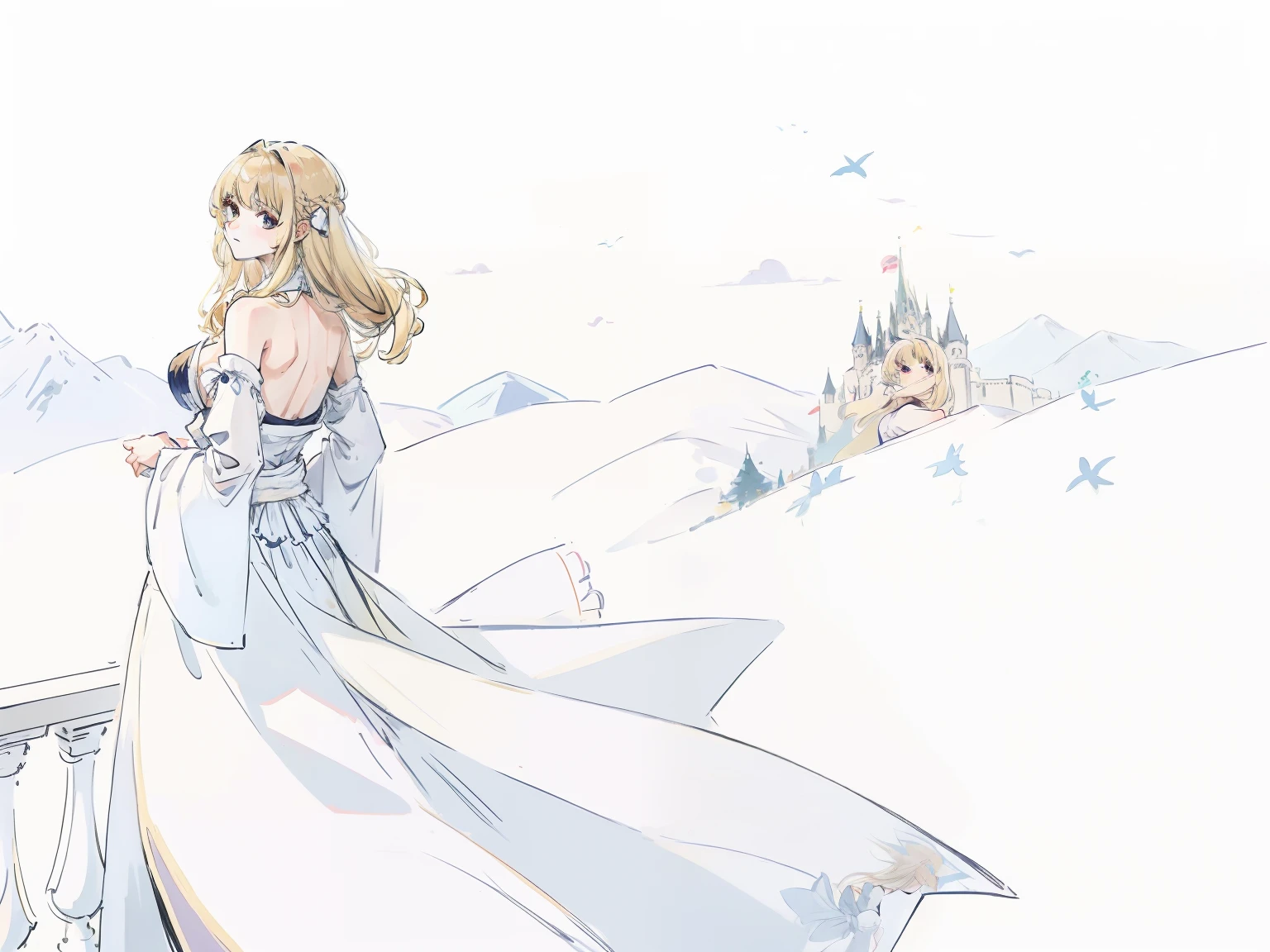 Woman with open arms on the balcony of a European castle、robe blanche、Blonde long-haired、Looking back at me