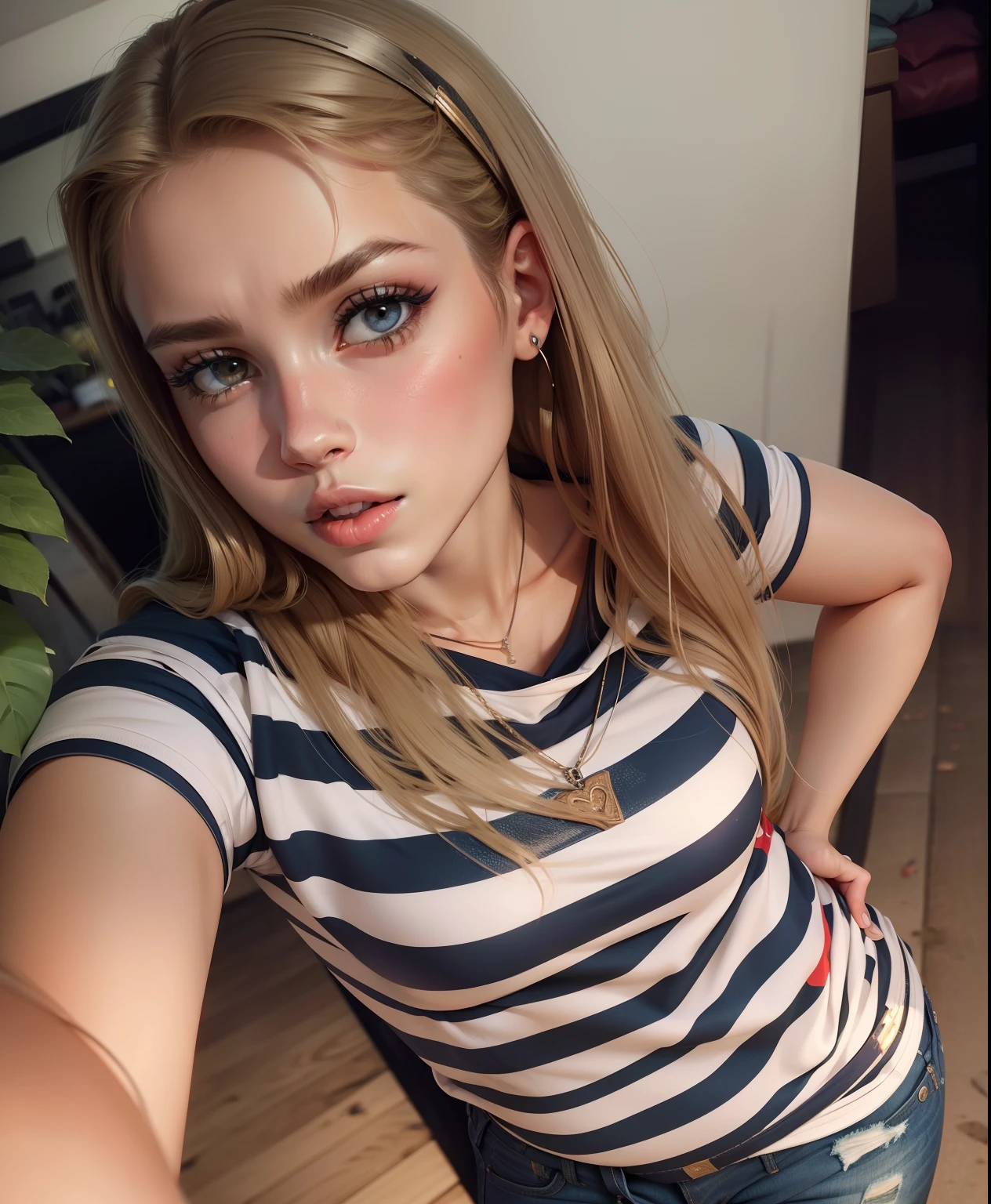 (top-quality),(masterpiece),(detaileds), bronze skin,very well tanned skin woman,blue eyes,solo,(wavy hair,blonde hair),wearing cardigan,(very wet school uniform:1.2),baggy socks,very wet breast,see the cleavage,bra,plaid shirt,she get down on all fours,(she wears a lot of earrings),tongue out,in a public toilet,very wet face