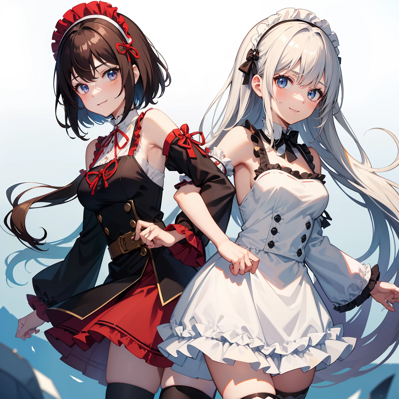 masutepiece, Best Quality, eishin flash ,Umamusume,A dark-haired,bob cuts,Blue eyes, Smile, Hair Ornament, Ear Ribbon, White scrunchie, German clothing, frilld, Red choker, Bare shoulders, Black sleeves, Wide sleeves, frilly sleeves, Long sleeves, Detached sleeves, brown belt, White Apron, Waist apron, vertical-striped skirt, Red skirt, frills skirt, zettai ryouiki, black thighhighs, Leaning forward,Big,