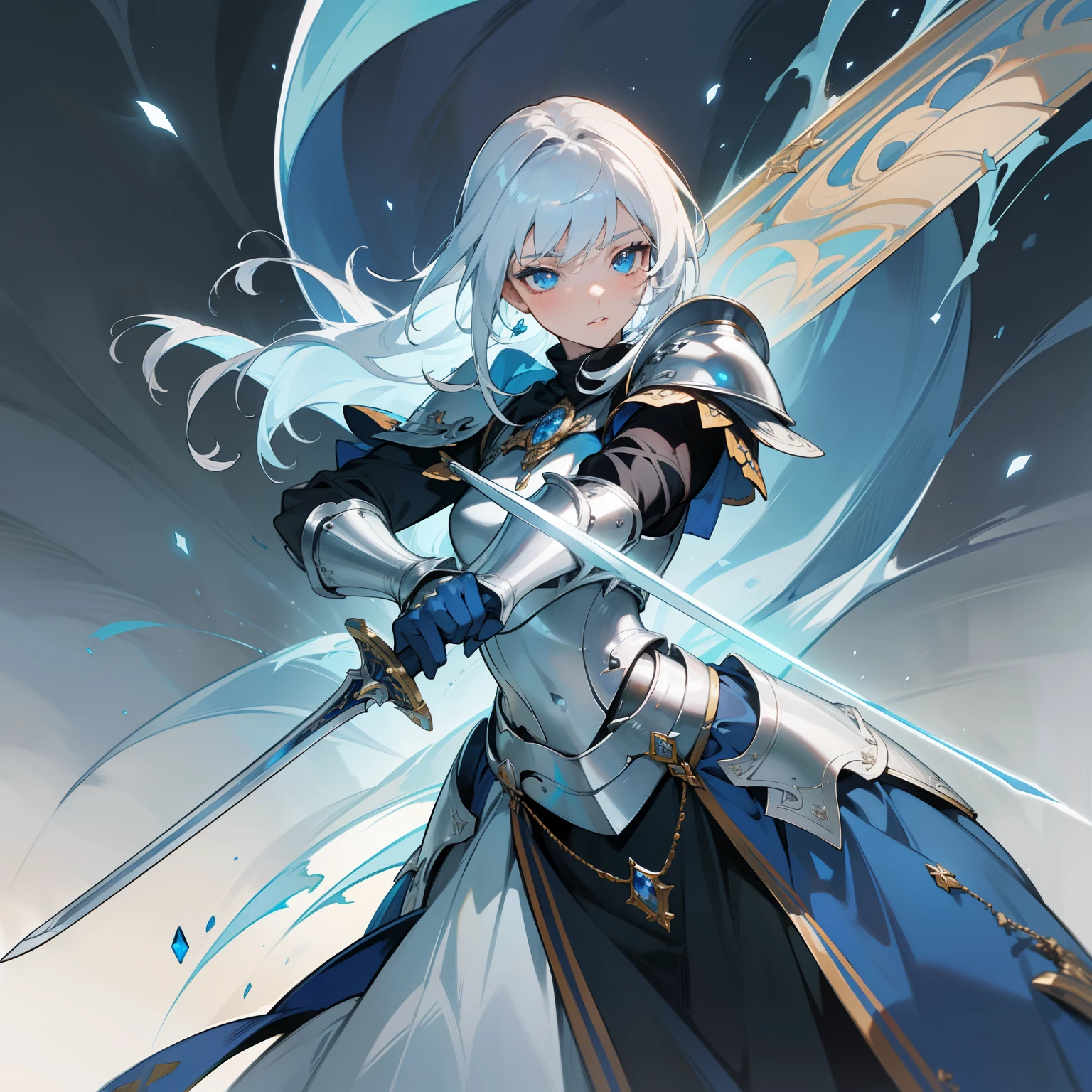 best quality, highres, ultra-detailed, realistic, vivid colors, sharp focus, beautiful detailed eyes, beautiful detailed lips, slim body, silver hair, blue eyes, cold eyes, apathetic, emotionless, wearing light armor, wearing fantasy armor, rapier sword, tall girl, kingdom background, 1girl