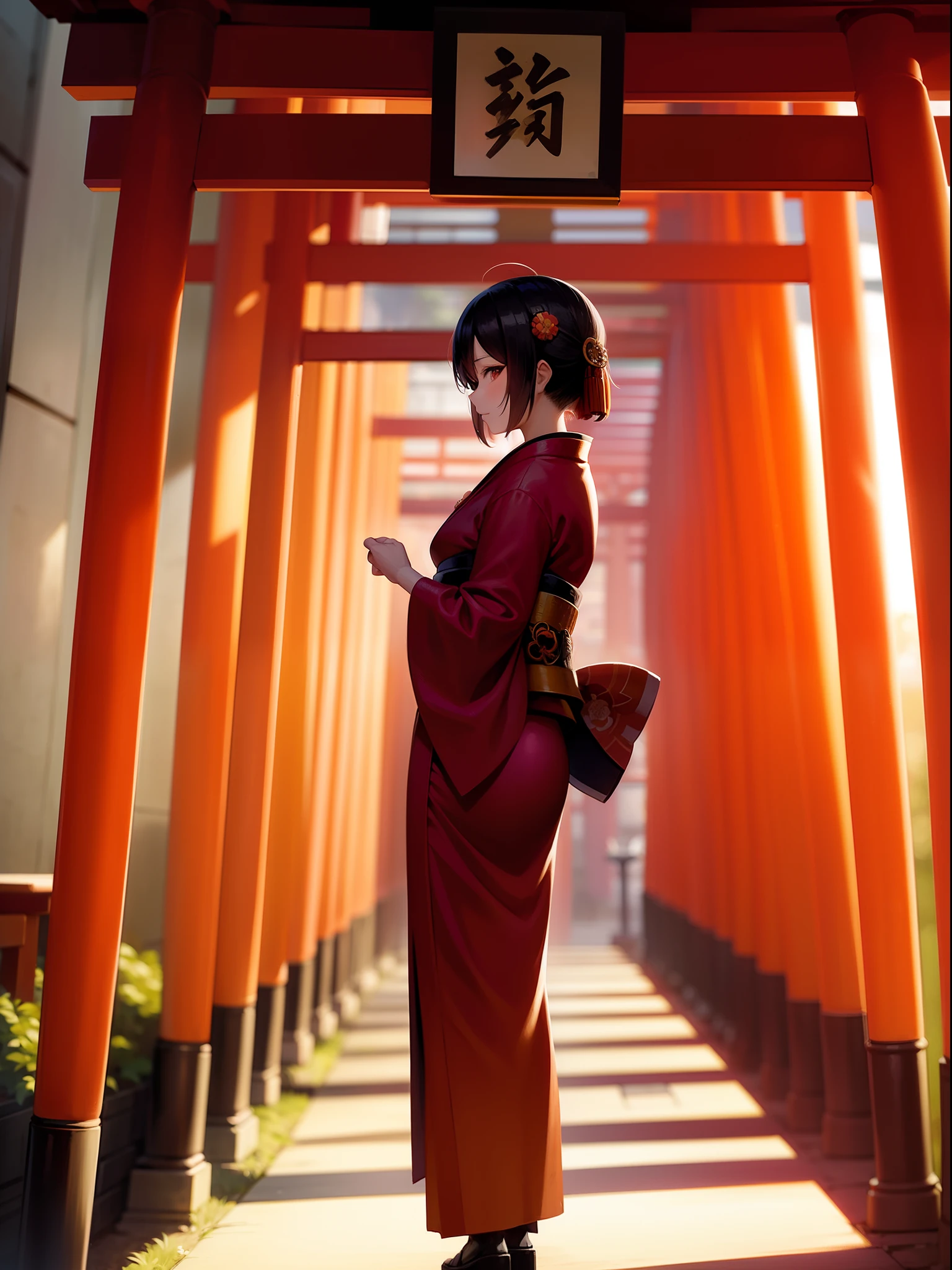 Kyoto Fushimi Inari Taisha Shrine、Senbon Torii、Glamour girl in kimono looking back