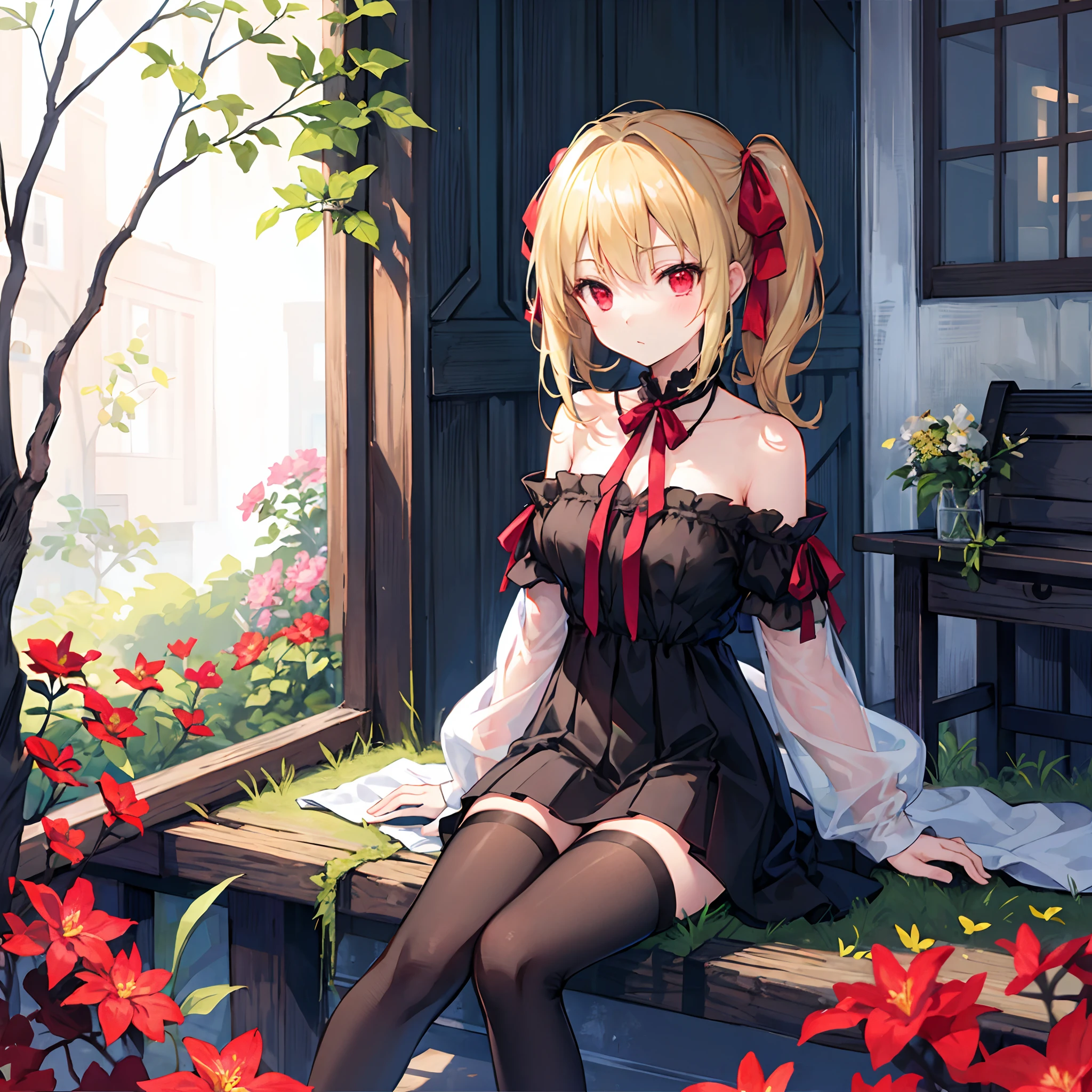 a blond、Red ribbons、poneyTail、red eyes、Beautiful girl alone、Black Dress、off shoulders、a miniskirt、Black tights、sitting on、flower field
