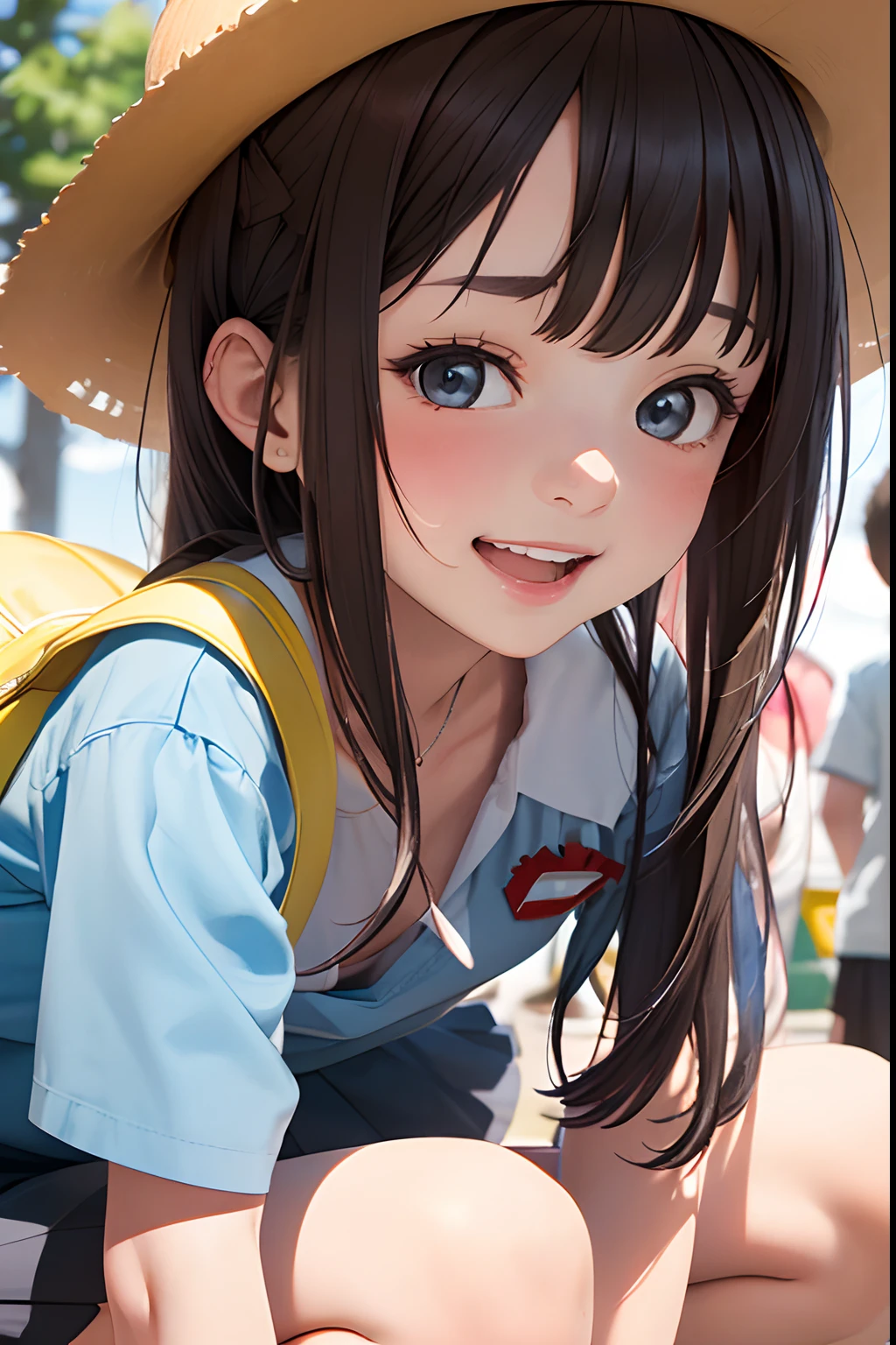 (Details of a very beautiful face), (Best Quality:1.4), 8K resolution, High resolution, 1girl, , cute baby of the highgrade, Super cute detailed face, cleavage, (kindergarten_Uniform, wide open chest:1.25), yellow hat, yellow Bag, Black skirt, Large breasts, (Panty close-up:1.2), squat, Realistic, lift up skirt, Spread legs, happy smile, open mouth, look at the viewer, Playing in the sandbox at the children's park