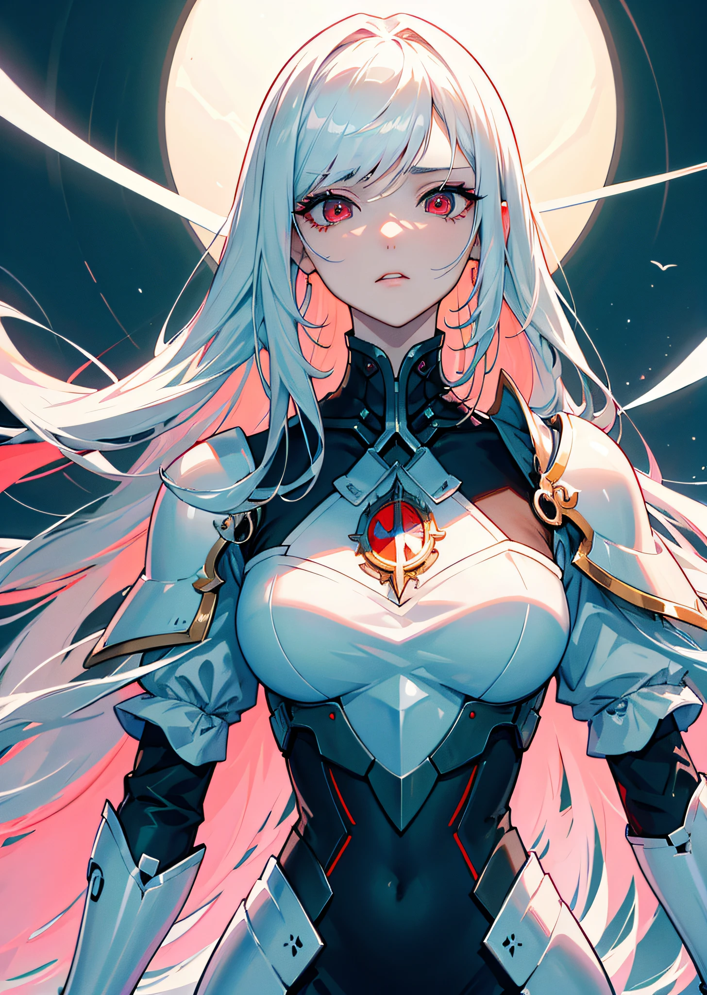 ((masterpiece:1.4、top-quality:1.2))、1girl in、solofocus、Tall lady、delicated face、grim facial expression、Highly detailed anime faces and eyes、Beautiful white armor、The figure of the hourglass、White hair、Gradient hair、Very long hair、red eyes、radiant eyes、Cyberwear on the face、impressive、futuristic setting、profile、