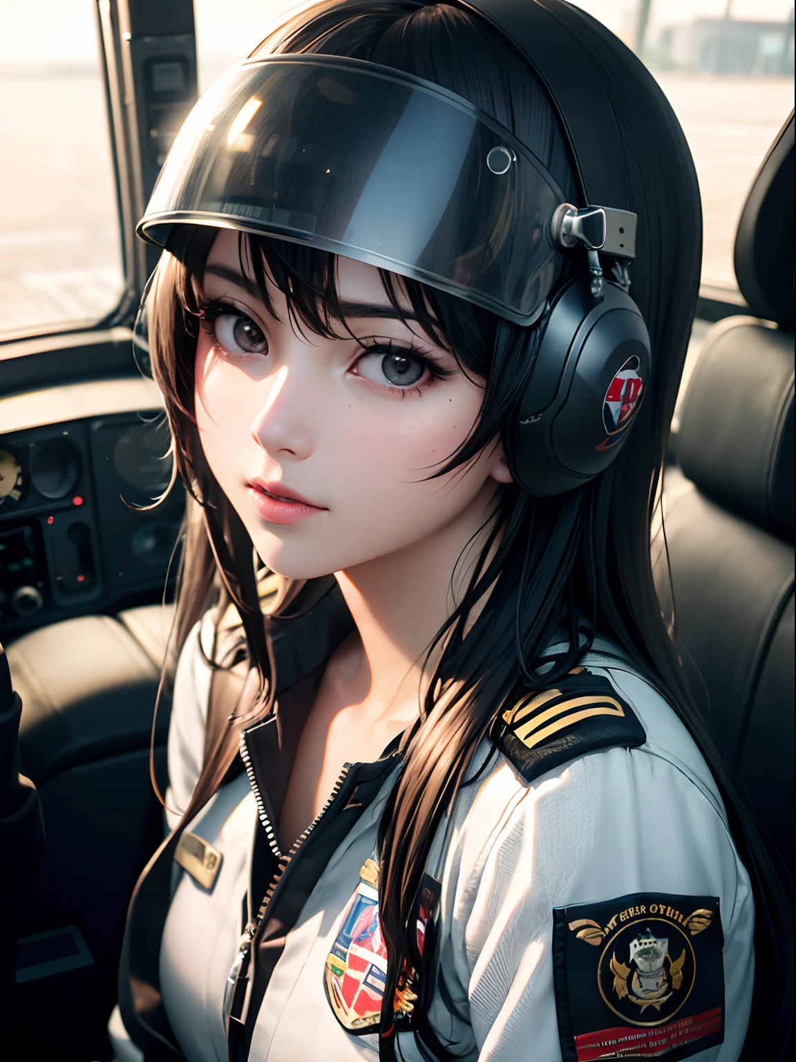 ((masterpiece, best quality)), (UHD,  Raw photo, 8K, High resolution), (photo realistic:1.3),(shiny skin), Cinematic lighting, physically-based rendering, Award-winning, detailed skin, extra detailed face, eyes with beautiful details, Carl Zeiss 85 mm F/1.4, solo, 1 girl, cute 24-year-old Japanese fighter  pilot,  Nogizaka idol, Kpop Idol, in the fighter cockpit, wearing fighter helmet, oxygen mask, close shot,  shot from above, olive flight jacket,