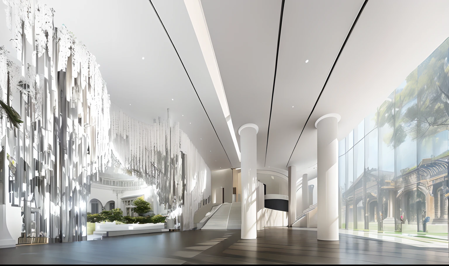 Museum lobby,Art installation on the left,Light pendant,Large banyan tree relief,architectural render, Detailed rendering, artistation render, inside a grand, author:Chass is silent, highly photographic render, feng zhu |, a digital rendering, CG rendering