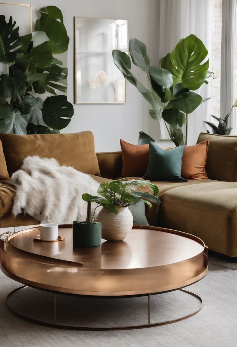 In a wide living room,Combing、The coffee table is minimalist style,In the middle is a large pot of white monstera