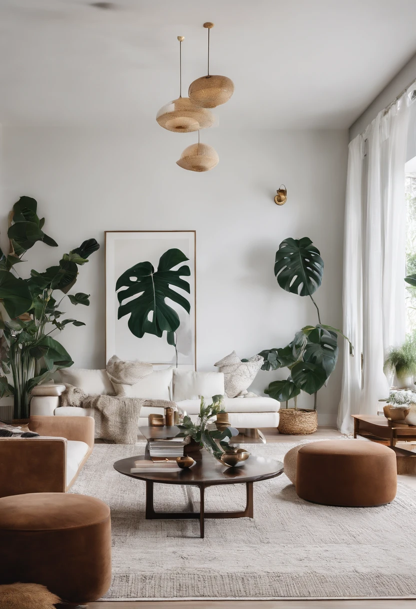 In a wide living room,Combing、The coffee table is minimalist style,In the middle is a large pot of white monstera