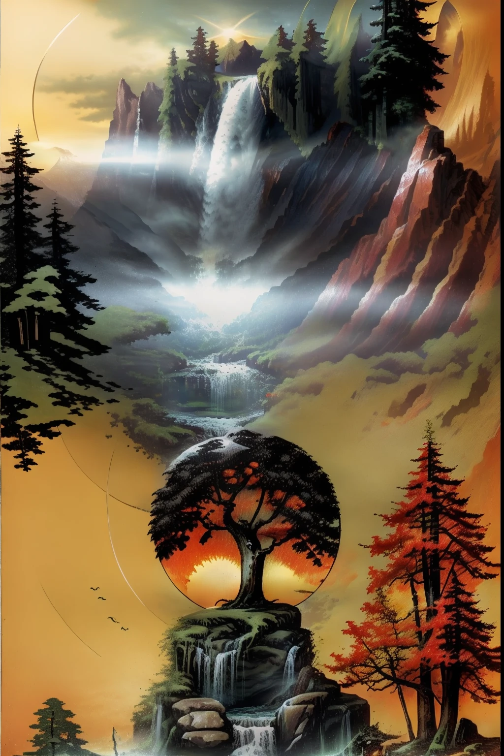 **an emblem of a tree with a circle around it and in the background a beautiful waterfall** - Variations by