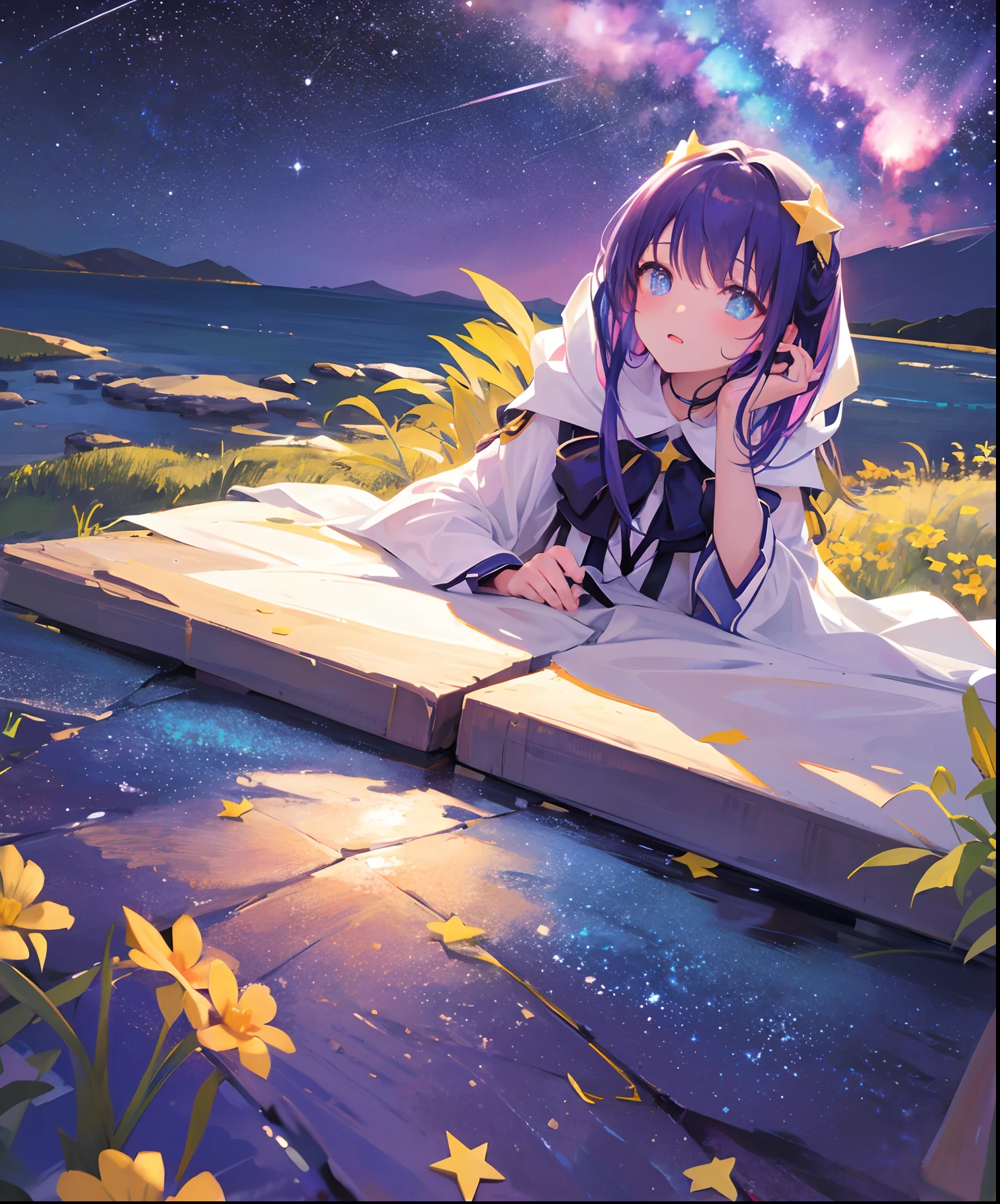 Describe a scene where a cute girl character is lying on a grassy hill, Looking up at the starry sky. Surround her with colorful nebulae and her favorite constellations.