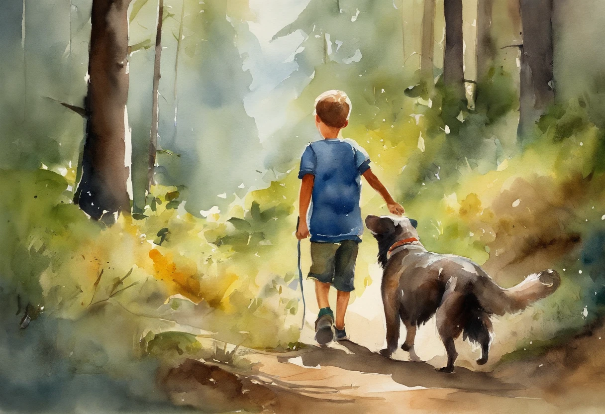 Draw Lucas, a smiling boy, holding his faithful friend, Bolt, the dog, as they walk through the forest together.
