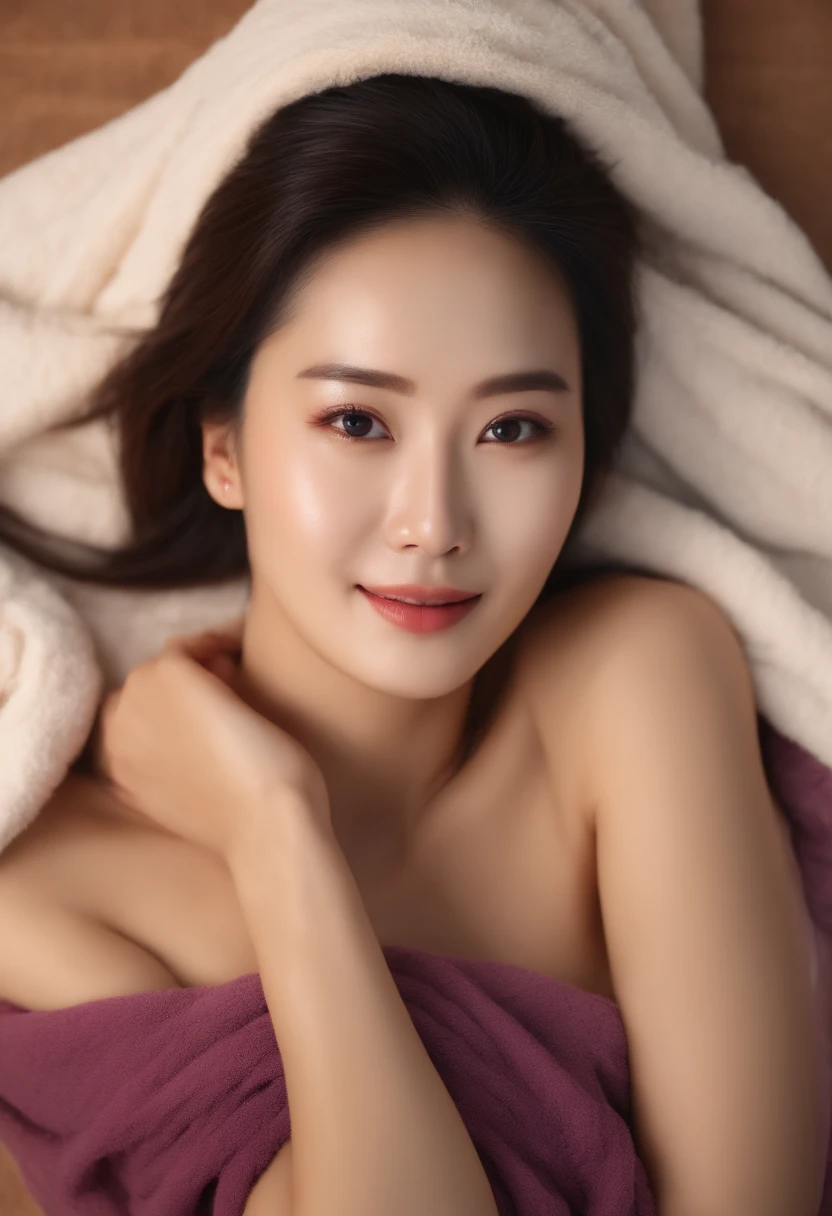 Beautiful realistic korean girl, 40yearsold, Women lying down and getting skin care, Cover up to your chest with a towel, Cheerful and satisfied expression, Beautiful woman with a towel covering the upper body of the body