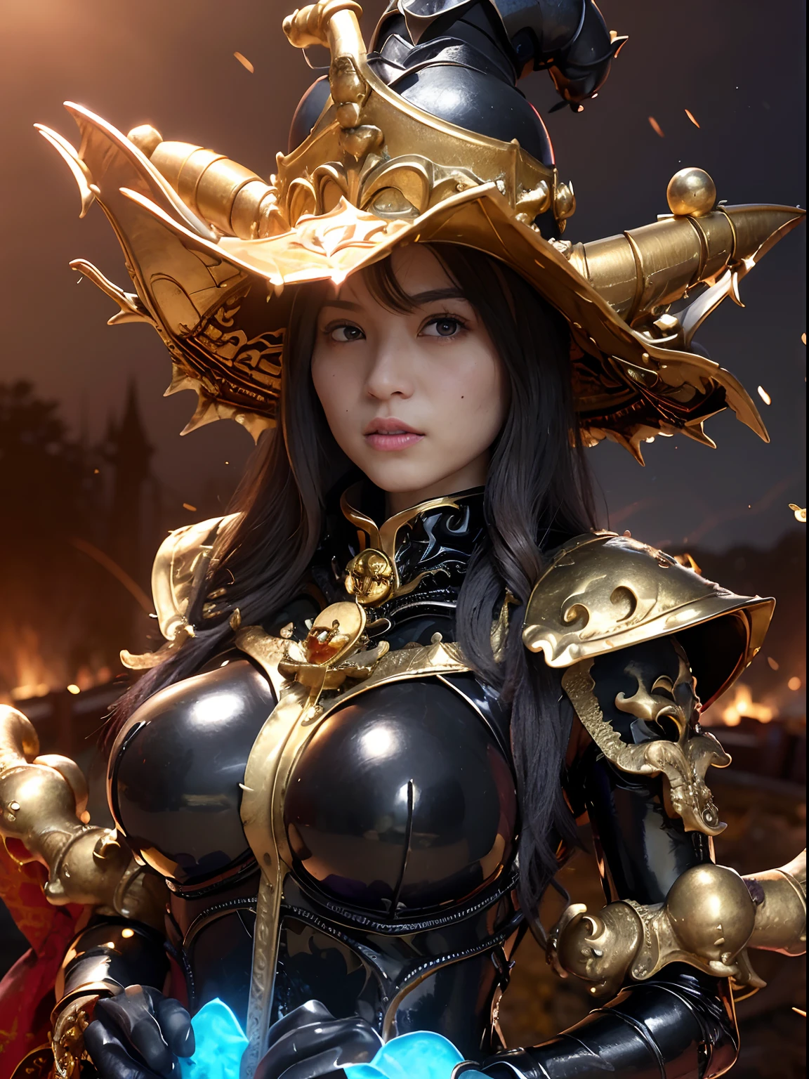 ((World of Darkness)),Professional , ​masterpiece、top-quality、photos realistic , depth of fields 、（Dragon Black Metal Body:1.４),(latex black-blue、（cleavage of the breast）、Dragon Gold Weapon、（Micro Bikini Armor:1.４),Gorgeous gold weapons ,（Fight dragons）、Seductive look、,Blood on the face,Blood Rain,Blood fog、（blood splattere：1.9)、（（ Dragon's dense and gorgeous sword）） , (((Wearing a black latex wizard hat))),（demonic wings）   ,Detail and gorgeous crown、（（a blond））、（Castle background）、（（Gangle's forest background））、Beautiful Caucasian beauty、１a person、dynamic ungle,(((Detailed and ornate dragon wizard hat helmet)))、Smaller head、A smile、Castle background、Thin and beautiful female hands、cleavage of the breast、Soldier in iron armor on background、Mystical expression、Light Effects、intense fighting、Wind-effect、magic circles、With the legendary magic wand、Dragon's tail、explosions、