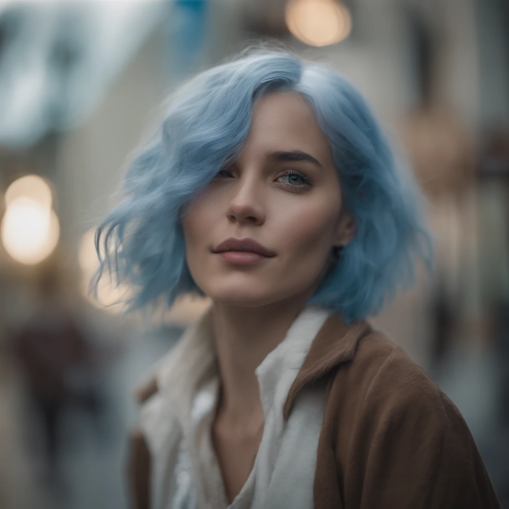 anime art style girl with short sized light blue hair reaching her shoulders, having bright purple eyes and having a headband running through her hair wearing denim pants and a white shirt.