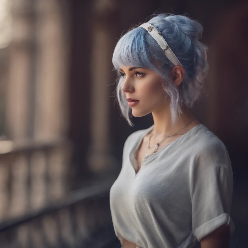 anime art style girl with short sized light blue hair reaching her shoulders, having bright purple eyes and having a headband running through her hair wearing denim pants and a white shirt.